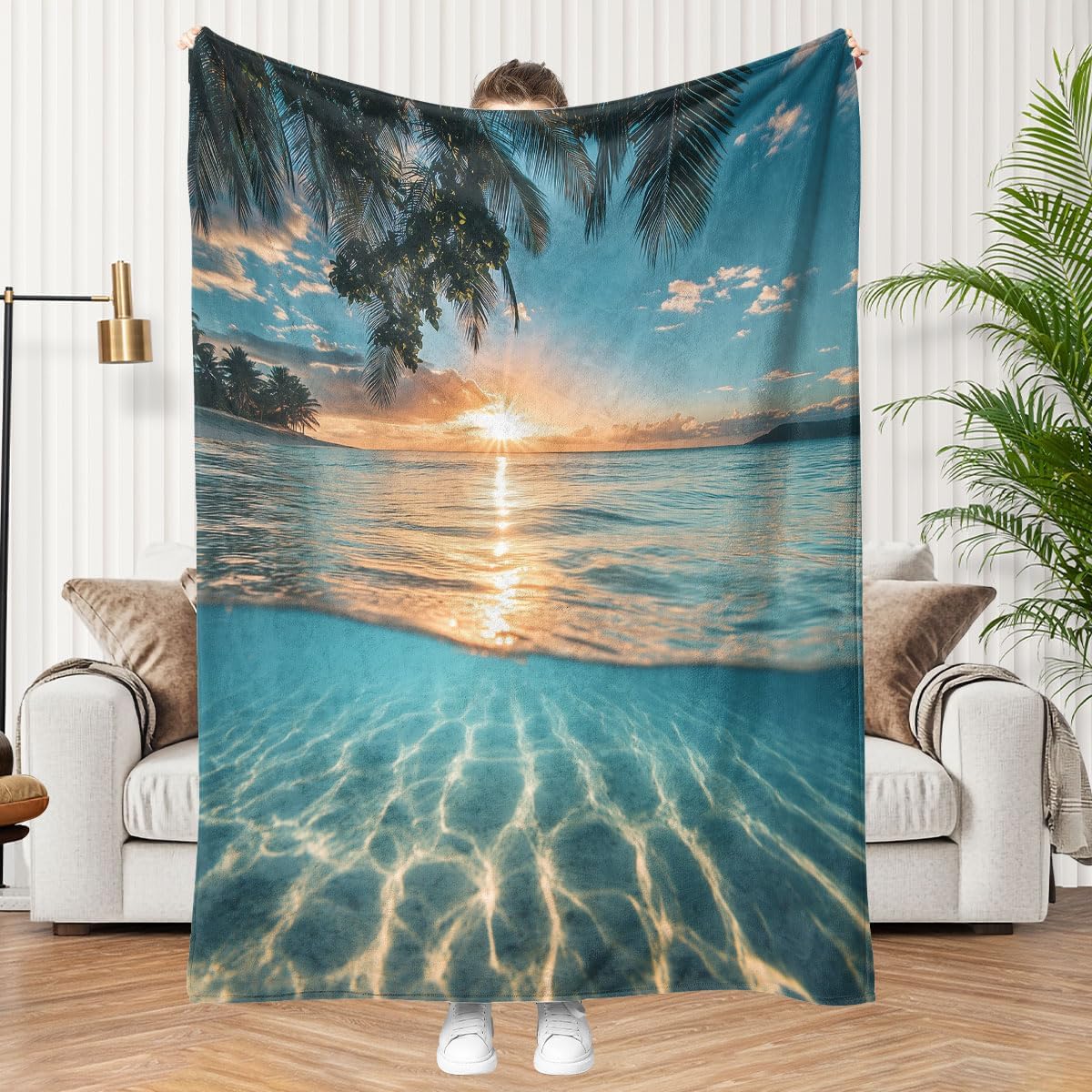 Beach Sunset Blanket, Sunrise Summer Ocean Hawaiian Sea Wave, Soft and Cozy Fleece Blankets, Warm Throw for Women, Ultra Plush Blanket for Bed, Couch & Travel, Perfect Snuggly Gift for Her, 50" x 60"