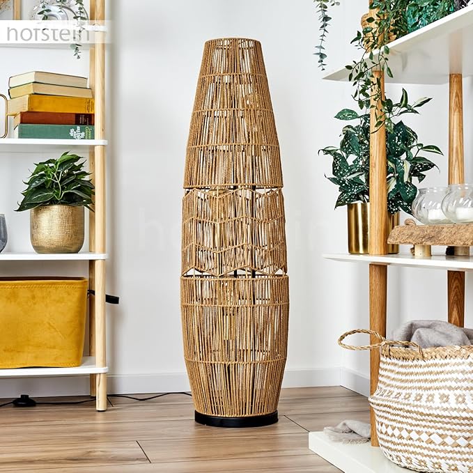 hofstein Karby vloerlamp, vloerlamp van metaal/touw in de kleuren zwart/bruin/goud, boho design armatuur met raster-look kap (Ø 30 cm), hoogte 105 cm, aan/uit schakelaar op het snoer, 3 x E27, zonder gloeilamp photo 3