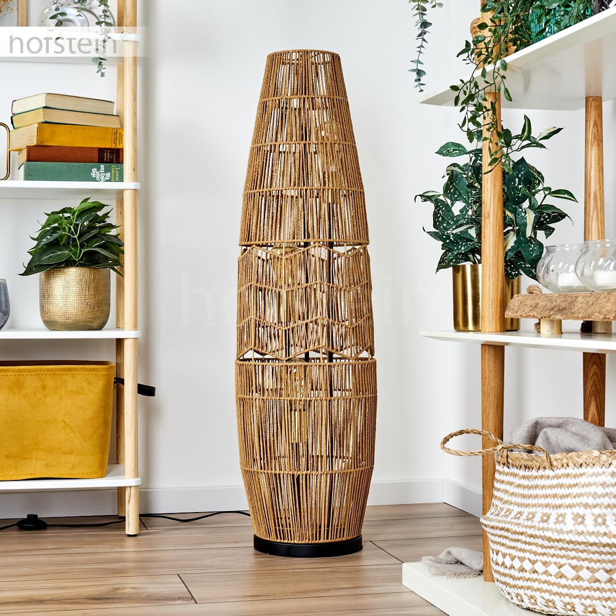 Lámpara de pie Karby, de metal/cuerda en negro/marrón/dorado, diseño boho con pantalla de rejilla (Ø 30 cm), altura 105 cm, interruptor de encendido/apagado en el cable, 3 x E27, sin bombilla