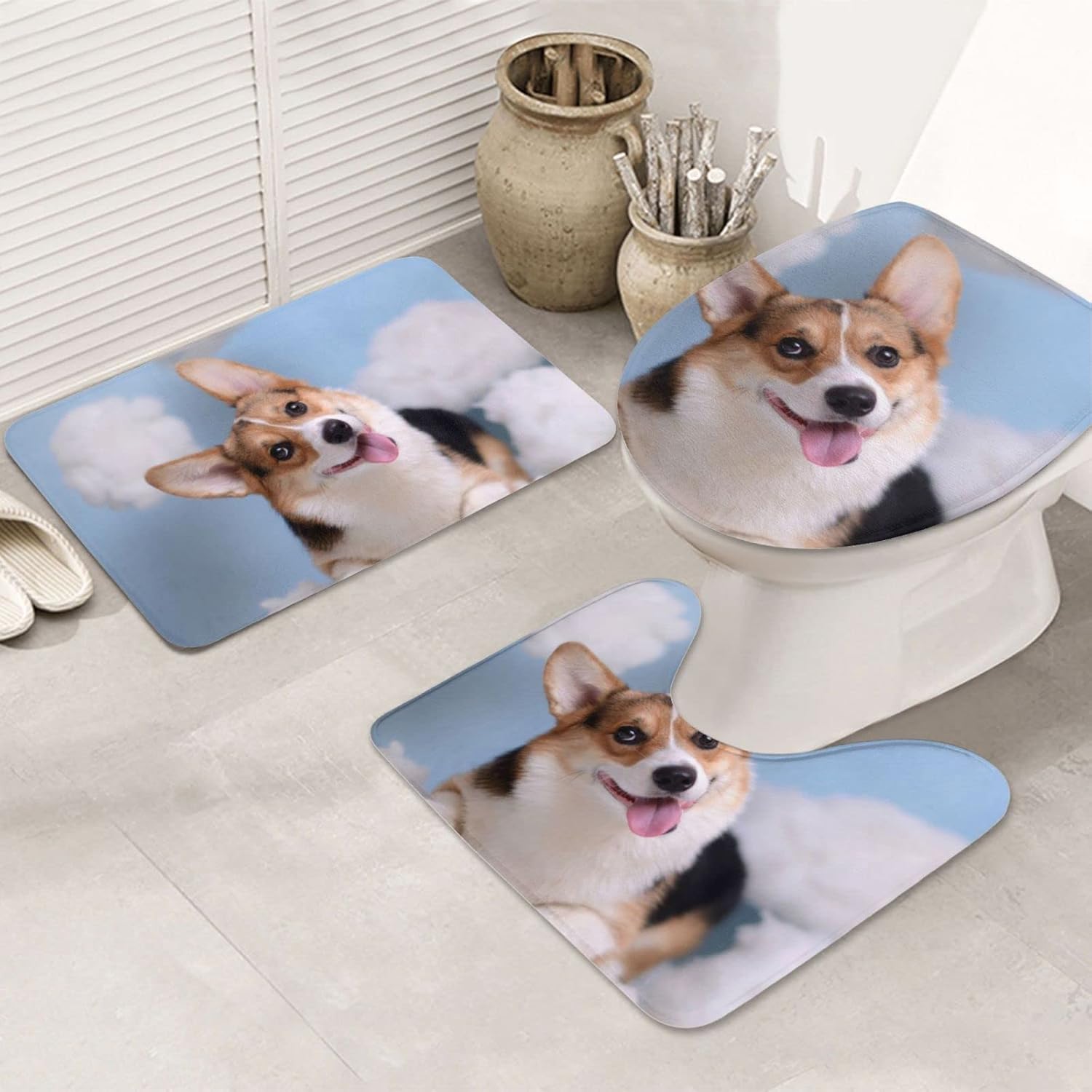 Dog Printed 3 Piece Bathroom Rug Set Flannel NonSlip Bath Mat