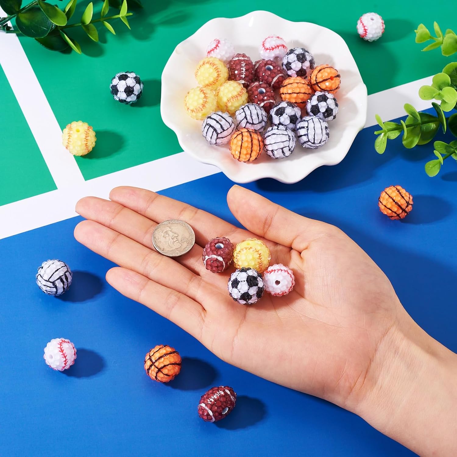 Craftdady 30 pcs Football Baseball Basketball Soccer Resin Rhinestone Beads Sport Rugby Round Disco Beads Loose Spacer Beads for DIY Crafts Bracelet Earring Jewelry Making