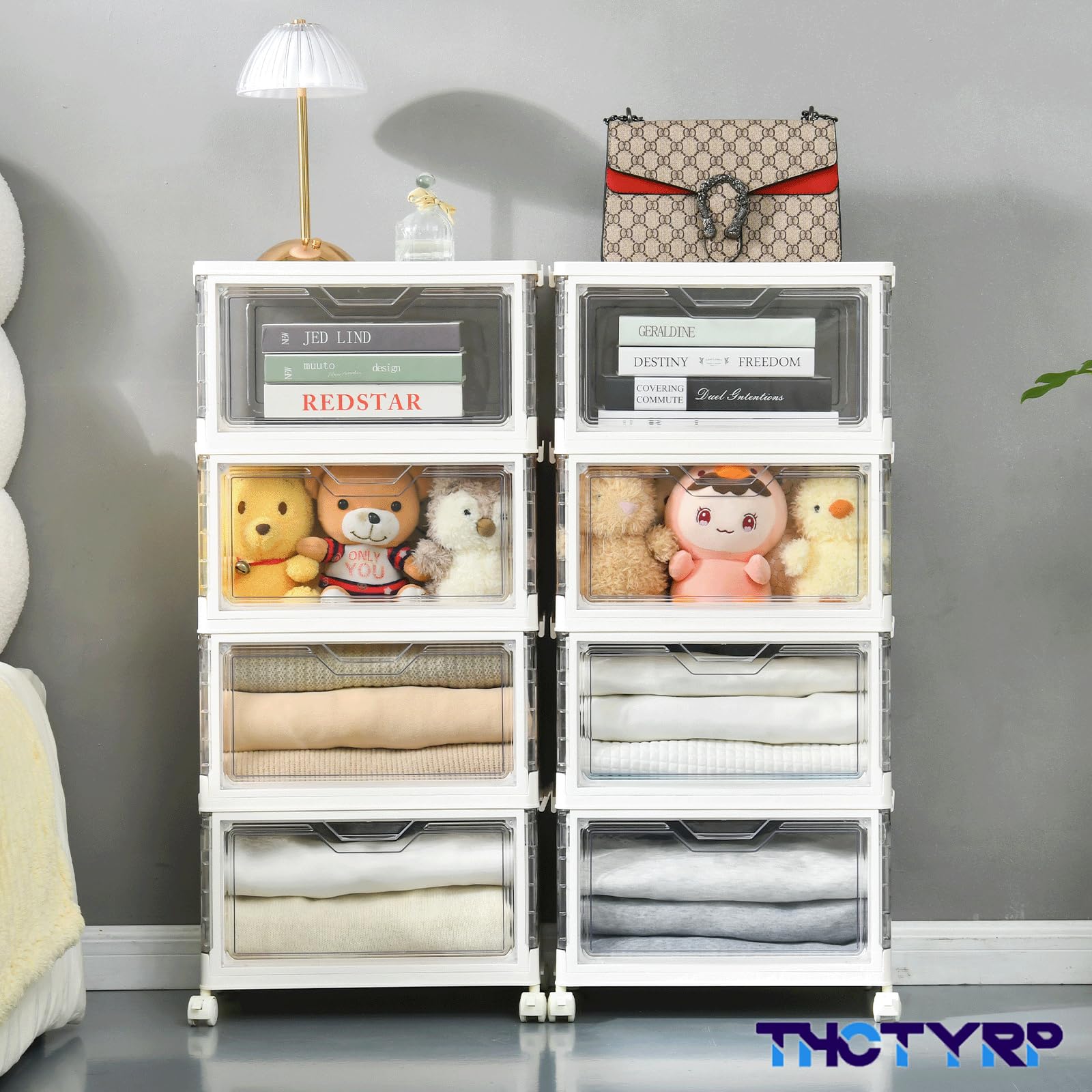 Caja de Almacenamiento 23L, 4 Unidades, Transparentes con Tapa | Apilables, Plegable, Con Puerta, Con Ruedas