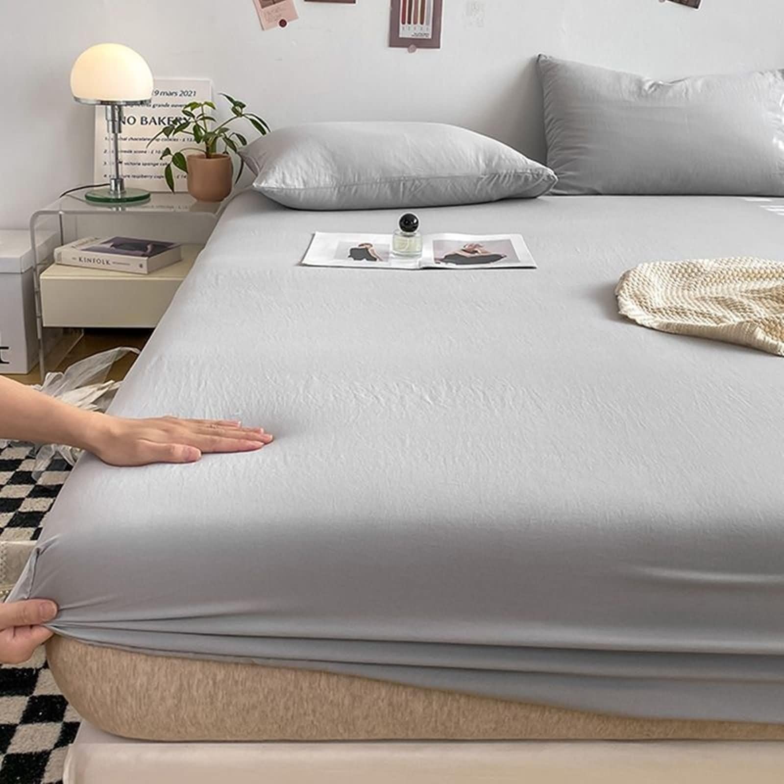 AMDXD Juego de sábanas con 2 fundas de almohada de 180 x 200 cm, 3 piezas, funda protectora, sábana bajera monocolor, textiles clásicos, sábanas de bambú para cama para todas las estaciones