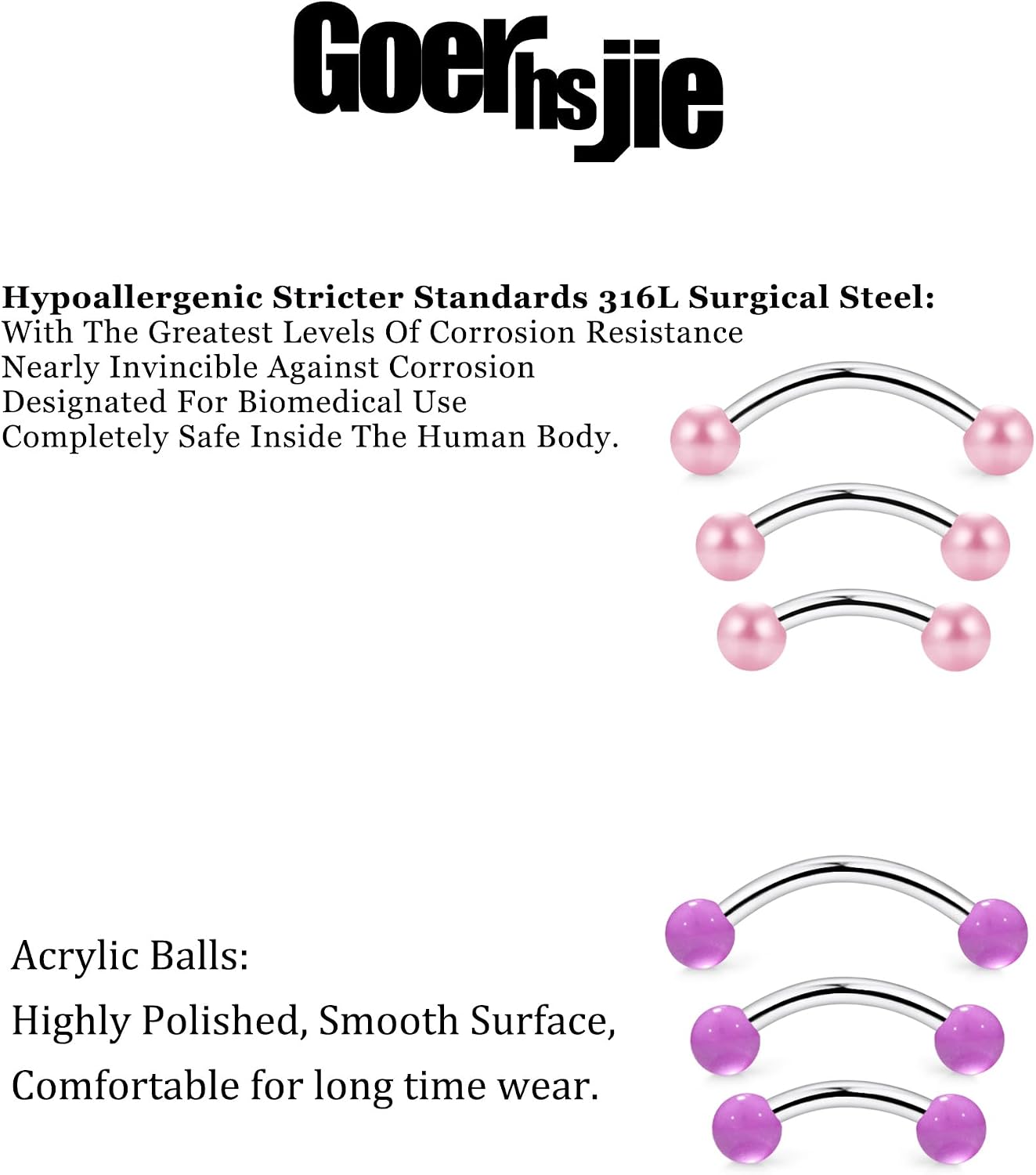 16g 6/8/10mm Pearl/Glitter/GITDK Eyebrow/Rook/Snug/Vertical-Labret/VCH/Snake-Eyes/Anti-Tragus/Christina/Daith/Belly-Button/Bridge/Hood/Surface Curved Barbell Piercing Jewelry for Women Men