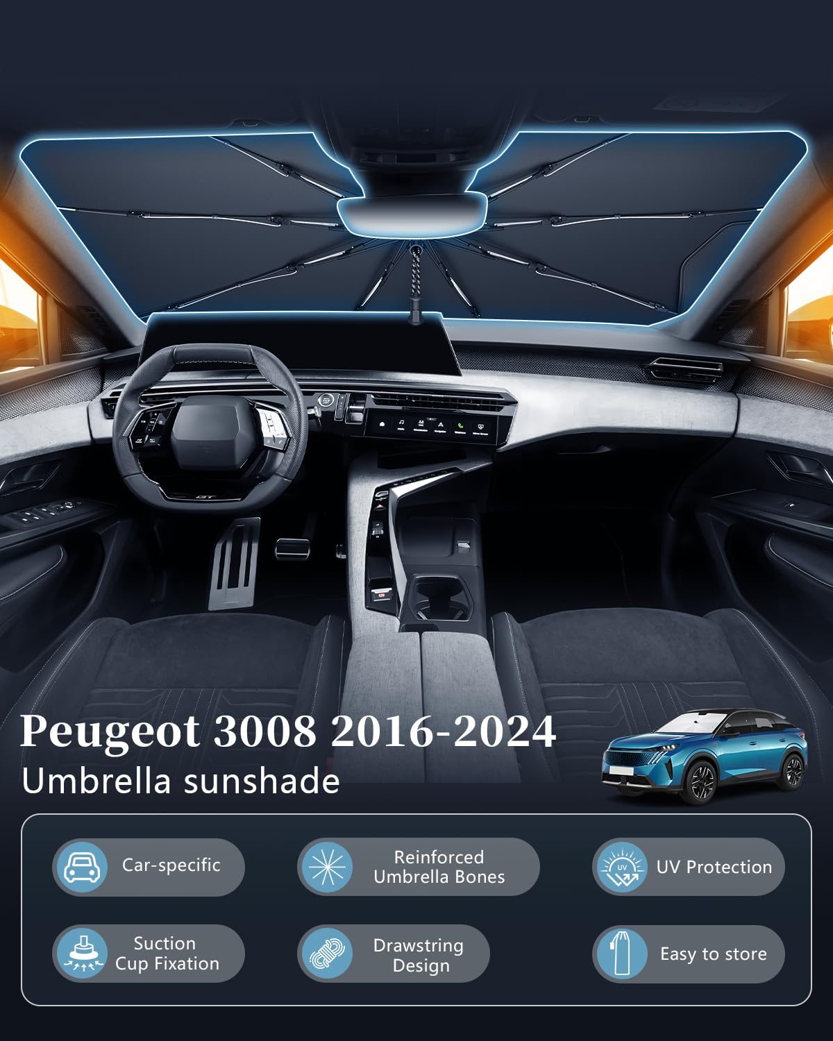 SKTU Parasol para Parabrisas Delantero para Peugeot 3008 2016-2023 2024, diseño de cordón, Parasol Plegable, protección UV para Peugeot 3008 Accesorios Esqueleto de Fibra de Carbono