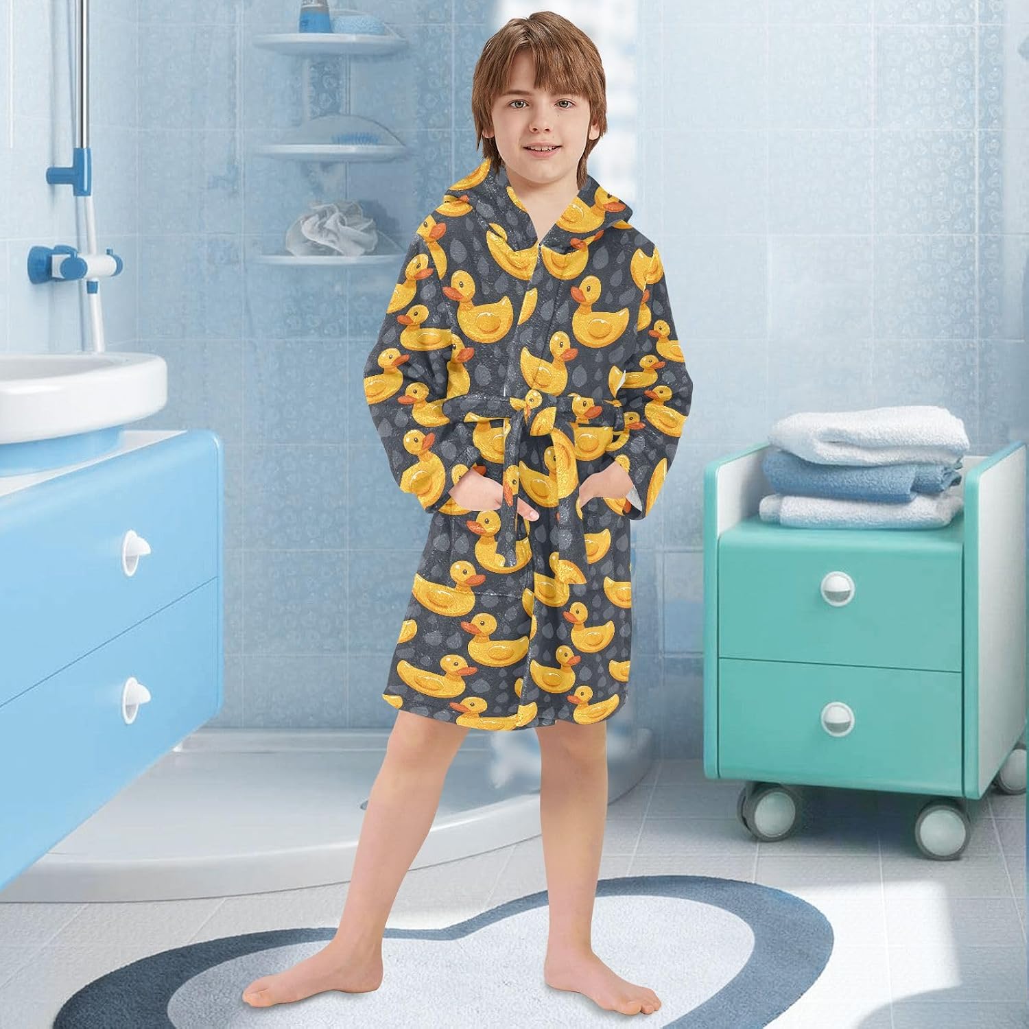 senya Cute Rubber Yellow Duck A Toddler Hooded Bathrobe Kids Soft Plush Bath Towel Robes for Boys Girls 2-12 Years