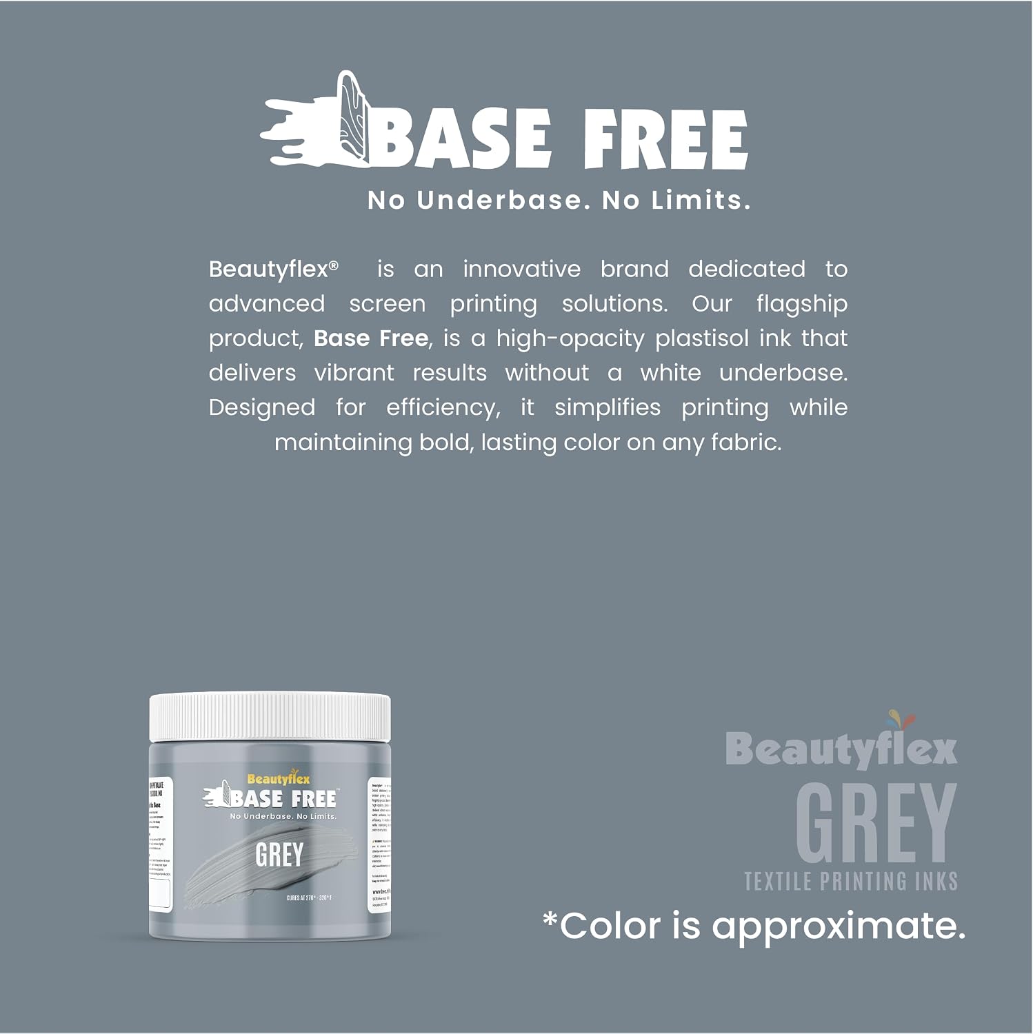 BEAUTYFLEX® Screen Printing Ink GREY Plastisol Ink for screen printing - Base Free Opaque Ink, High opacity ink for all fabric, No underbase needed - Long lasting color (32 fl oz, GREY INK)