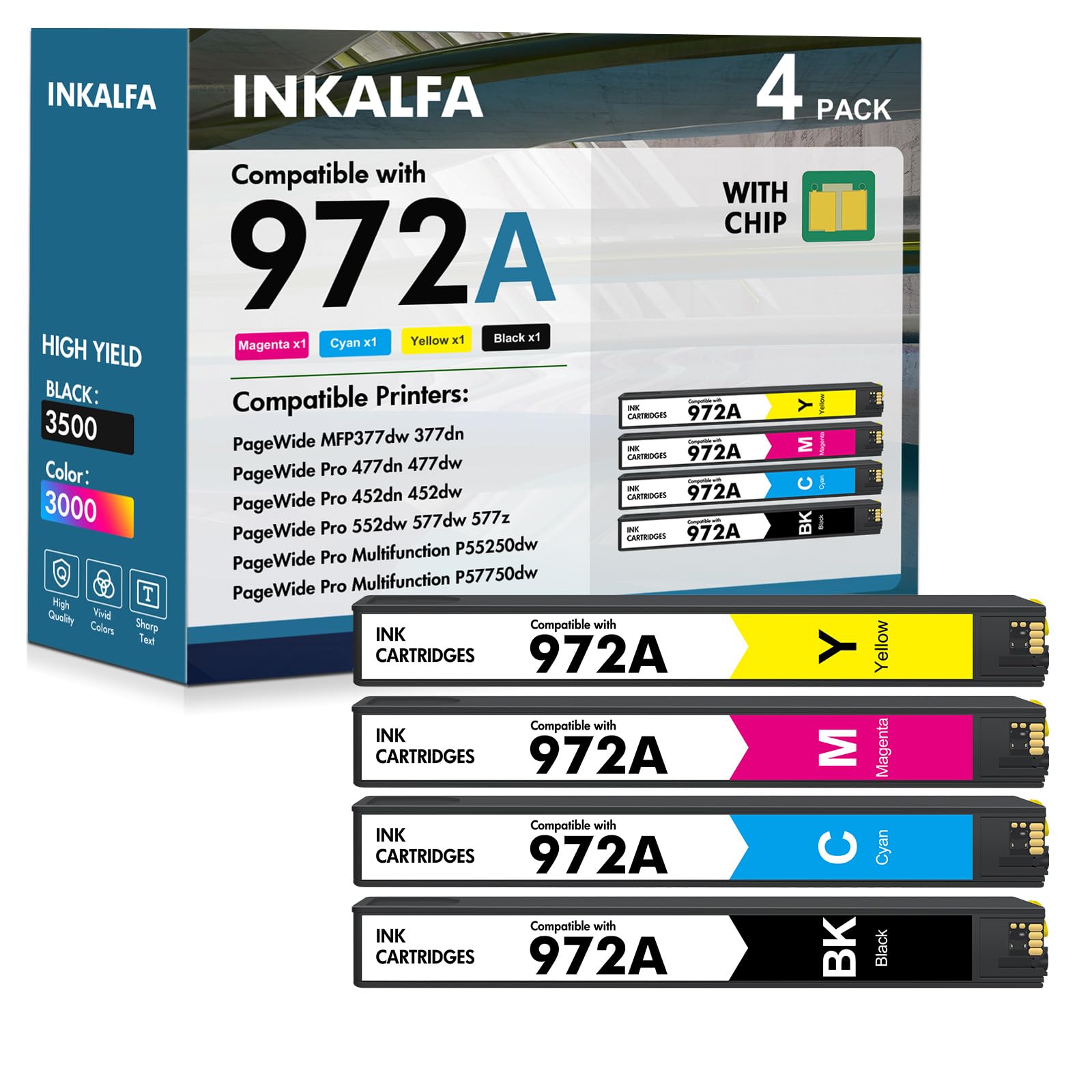 inkalfa 972A 972X Ink Cartridges for HP Printers MFP 477dw 477dn Combo Pack | Replacement for HP 972A 972X for Pagewide Pro MFP 477dw 477dn 577dw (4 Pack, Black, Cyan, Yellow, Magenta)