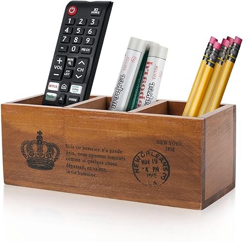 Flexzion Portalápices de madera rústica para oficina, 3 compartimentos, organizador de almacenamiento de escritorio y mesa, soporte multifuncional