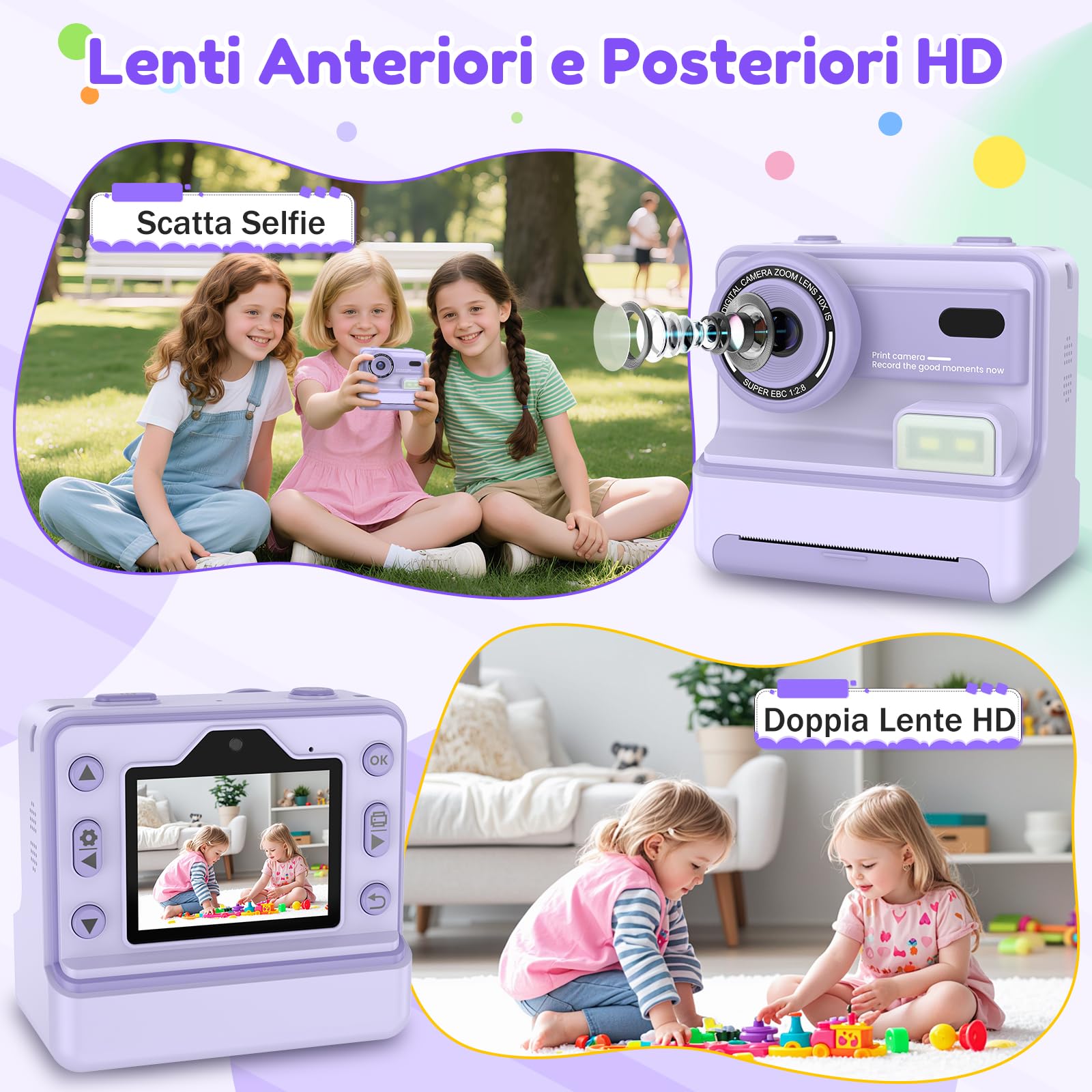Macchina Fotografica Bambini Istantanea, 48M/1080P Fotocamera Bambini Selfie, 2.4 Pollici Macchina Fotografica Banbini con Carta da Stampa e 32GB Scheda,Regali per Ragazze Ragazzi 3-12 Anni (Viola)