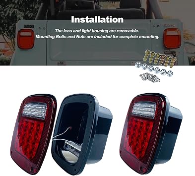 Tail Lights Assembly Replacement for 1979-2006 Wrangler YJ CJ5 CJ7 Red Square Rear Combination Tail Lamps with Passenger and Driver Side Marker Stop Turn Signal Brake Lights DOT Certified, 2Pcs