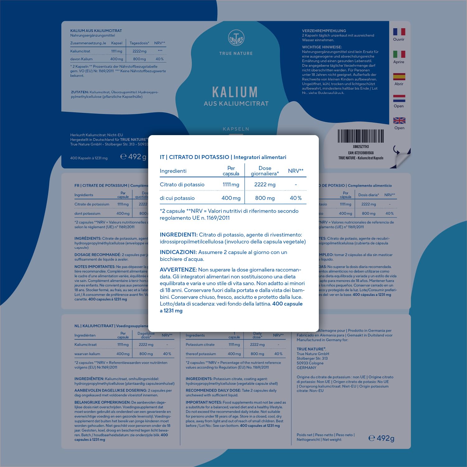 Potassio – 2.222 mg al giorno – 400 capsule – Citrato di potassio con potassio elementare – Scorta per 6 mesi – Vegano e senza additivi - testato in Laboratorio, produzione Tedesca – TRUE NATURE®