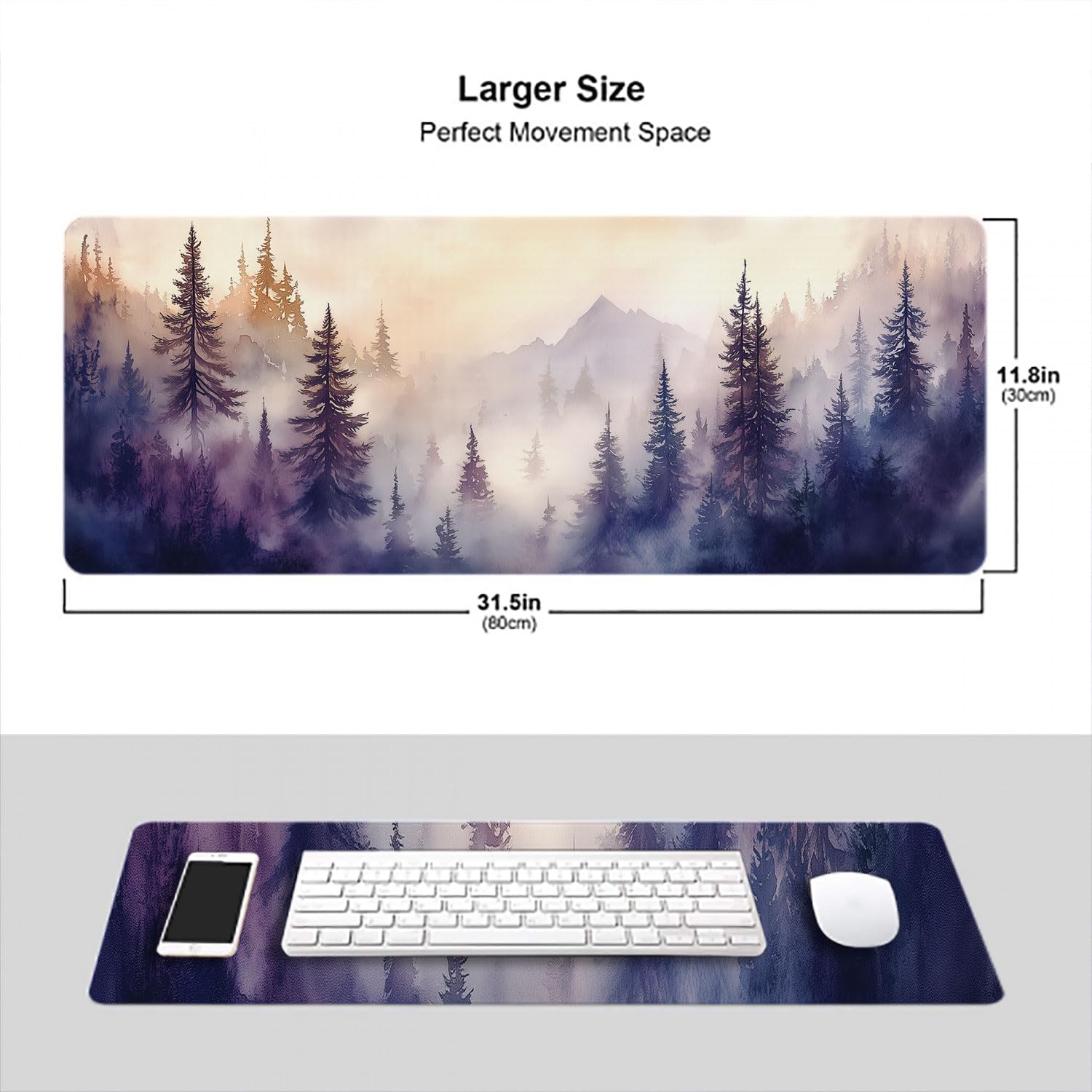 Misty Forest Mouse Pad Watercolor Mountains Forest Pine Trees Extended Mousepad Waterproof Stitched Edges Rubber Base Non-Slip Deskmap Computer Keyboard Mat 31.5x11.8 Inch image 3