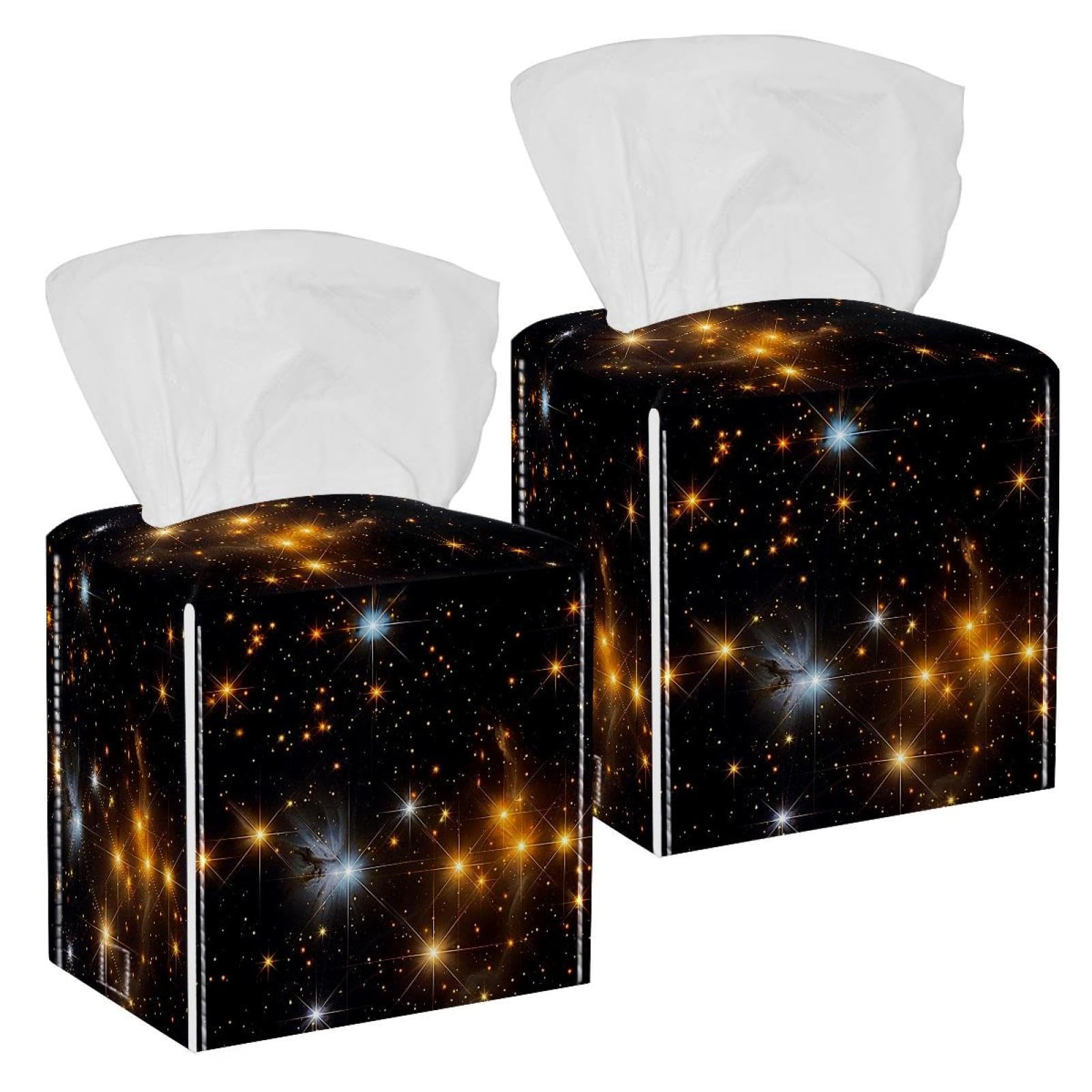 Starry Night Tissue Box Cover, 2 Pack PU Leather Square Facial Tissue Dispenser Box holder for Home Office Car