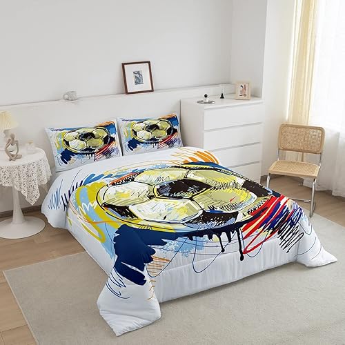 Miniatura 2 de Erosebridal Juego de edredón de fútbol para niños, tamaño matrimonial, juego de ropa de cama de fútbol para niños, juegos de ropa de cama para