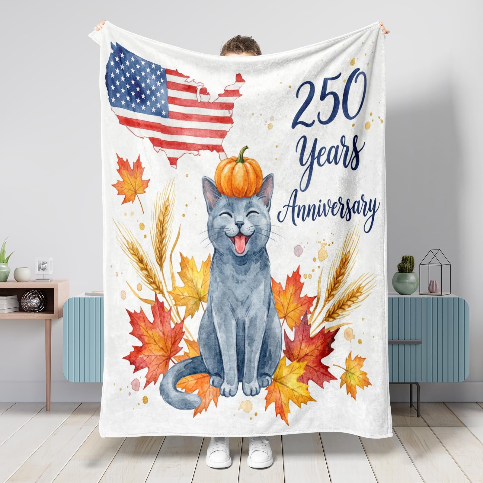 Couverture flanelle haut de gamme motif chat bleu russe 250x203