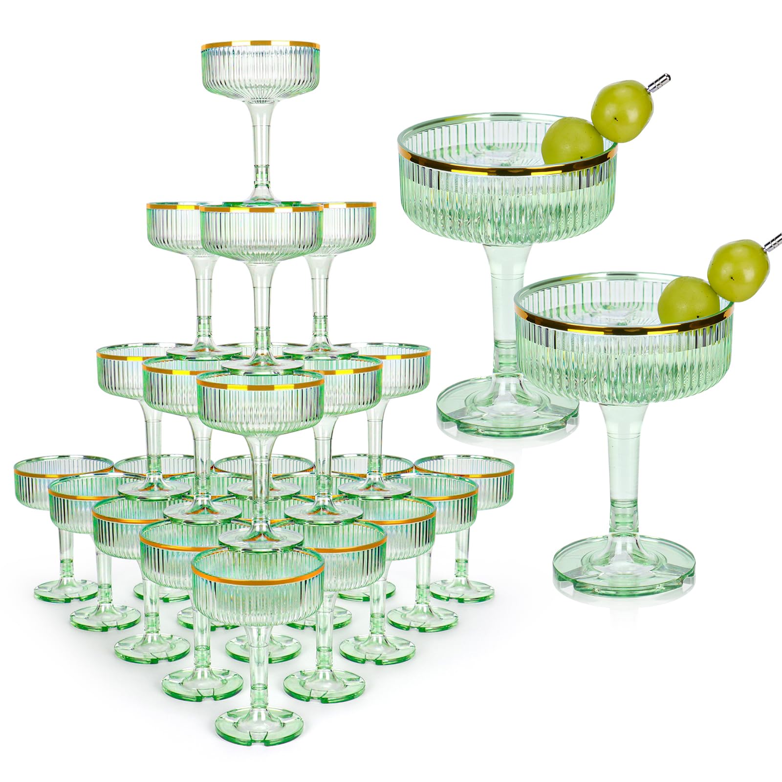 48 Pack Plastic Champagne Tower Glasses 7oz Green Champagne Coupe Glasses Disposable Martini Glasses With Gold Rim Stackable Champagne Flutes Cocktail For Christmas Wedding Birthday Party