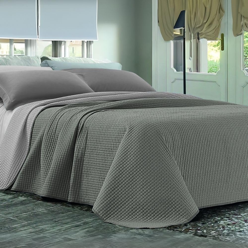 Copriletto Primaverile In Microfibra 80gr Double Face - Made In Italy, Blu Chiaro/Scuro, Matrimoniale 260x260cm - Foto 6