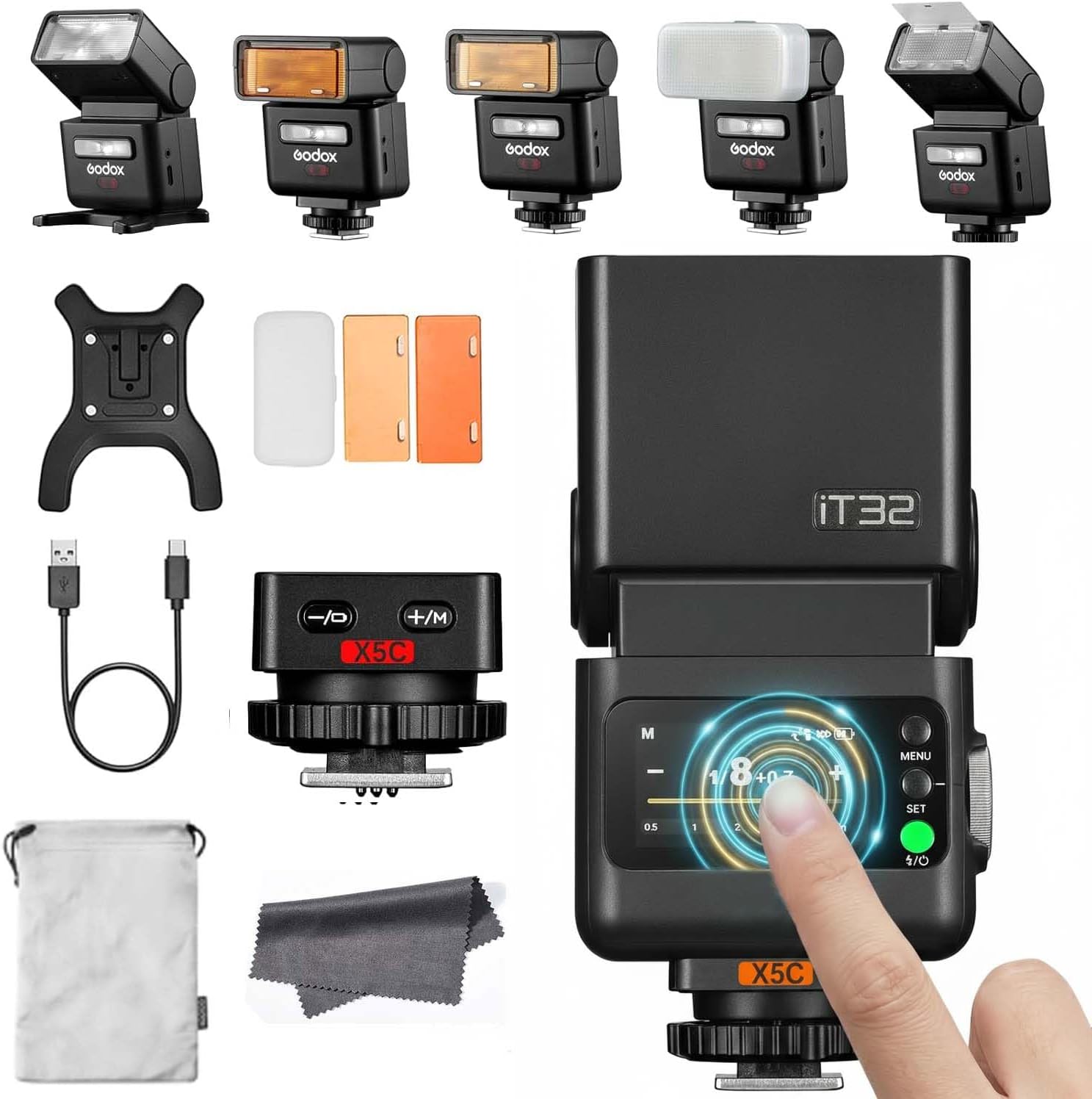 Godox IT32 Camera Flash with X5C Flash Trigger for Canon Cameras, TTL HSS Touchscreen, Hotshoe & Trigger 2-in-1, 510 Full Power Flashes, LED Modeling Light, Lithium Battery, with Reflector & Diffuser