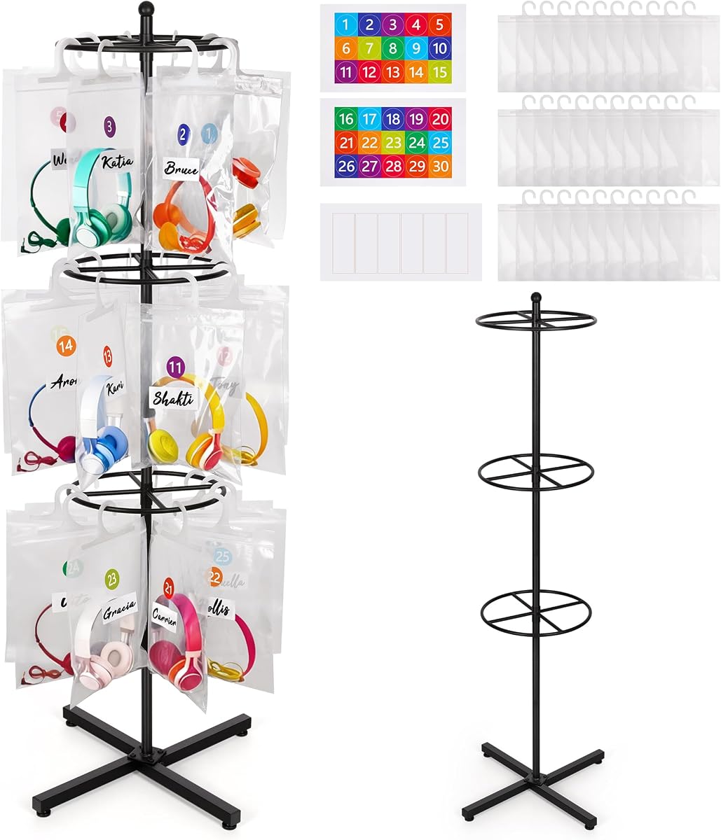 Loghot Freestanding Metal Headphone Storage Stand with 30 Storage Bags | No-Drill Headphone Organizer, Heavy Duty Movable Headset Holder Stand for Classroom, Computer Lab, Office and Training Center