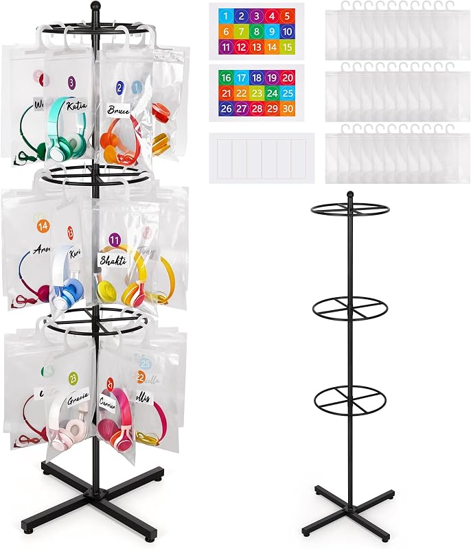 Loghot Freestanding Metal Headphone Storage Stand with 30 Storage Bags | No-Drill Headphone Organizer, Heavy Duty Movable Headset Holder Stand for Classroom, Computer Lab, Office and Training Center
