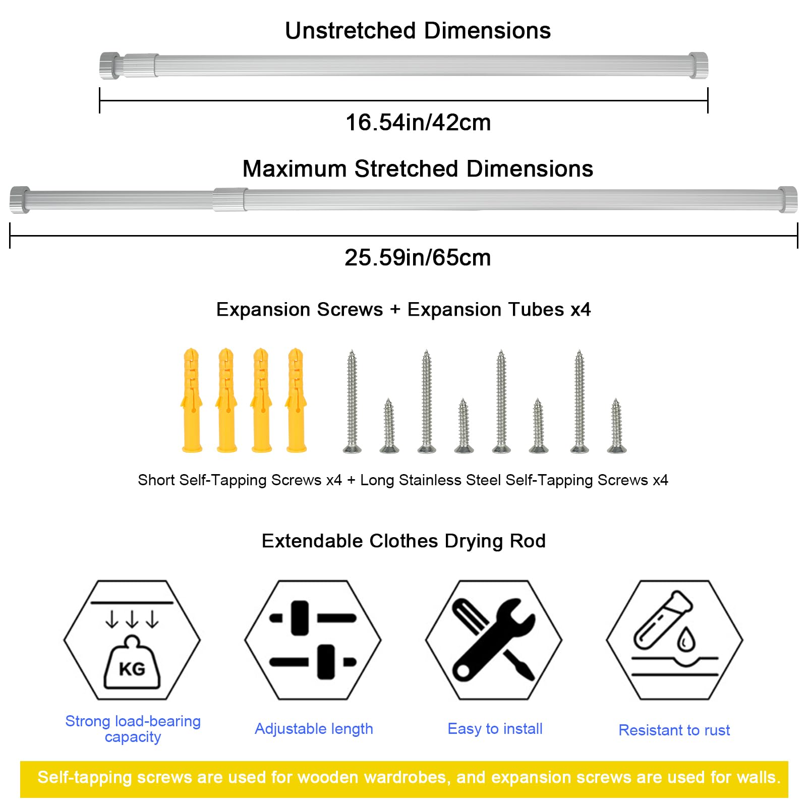 Barra Armario Extensible 70KG de Resistencia Barra para Colgar Ropa Grueso para Armario de Dormitorio Lavandería (Blanco, 42-65cm)