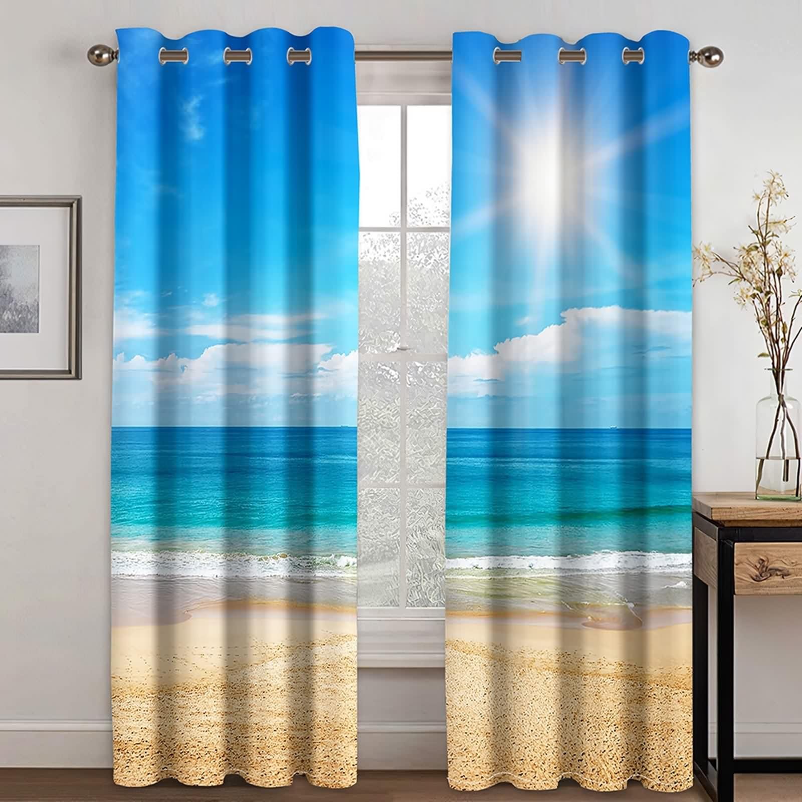 Rideau Occultant, Rideau Anniversaire Bleu Blanc Marron Polyester Soleil, Mer et Plage 214L x 274H CM Lot de 2