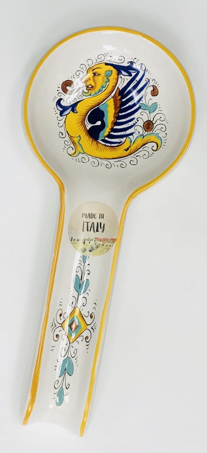Made in Italy | White With Man Dragon With Wings In Sorrento Blue, Green, Brown & Yellow Ceramic Spoon Rest | 11 inches x 4.75 inches
