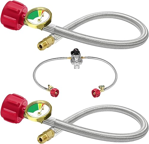 Miniatura 3 de Regulador de gas propano LP de cambio automático de 2 etapas para RV con dos mangueras trenzadas de acero inoxidable de propano de 18 pulgadas con