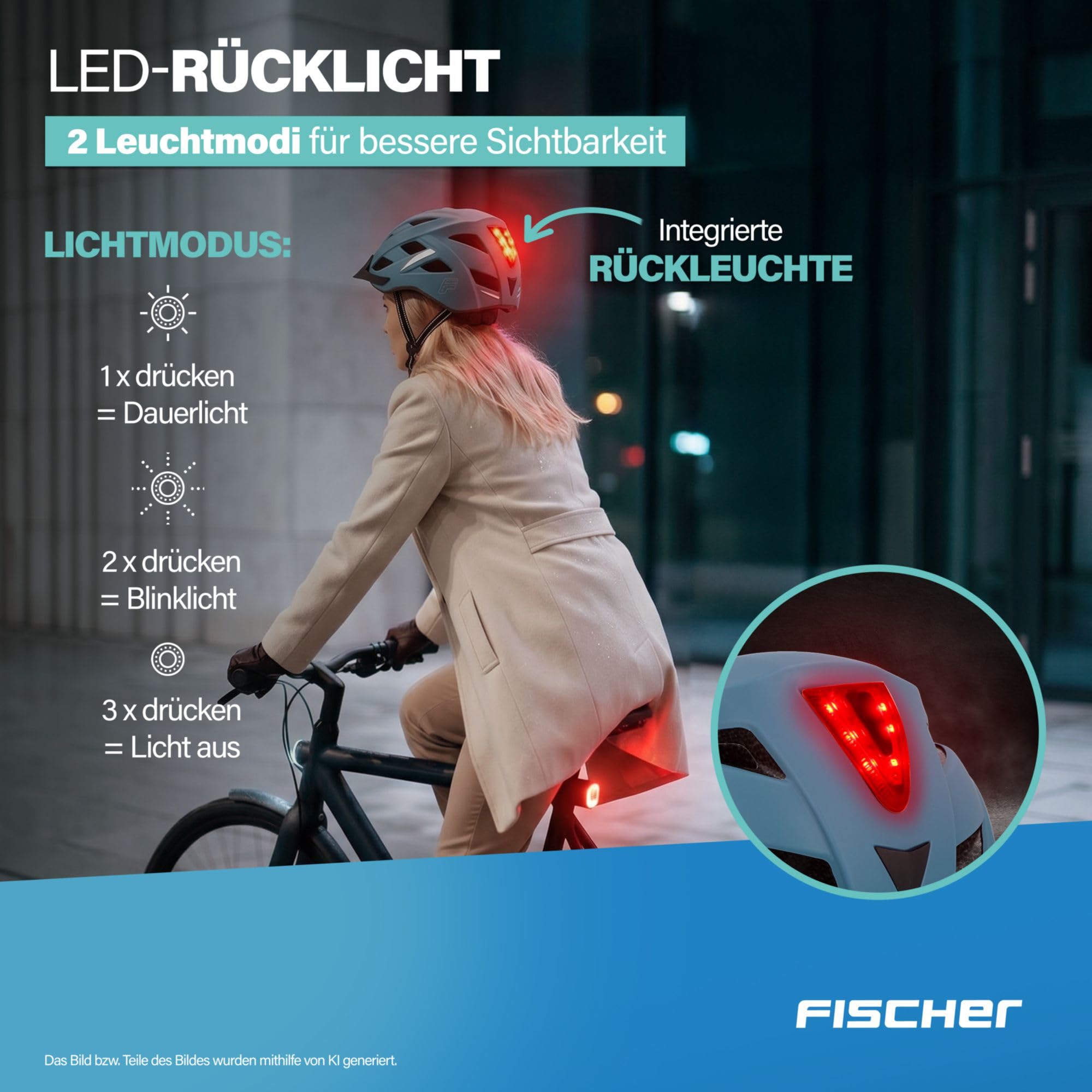 FISCHER Casco da bicicletta per adulti, Urban Plus Chicago, S/M, 52-59 cm, blu, con luce posteriore a LED integrata
