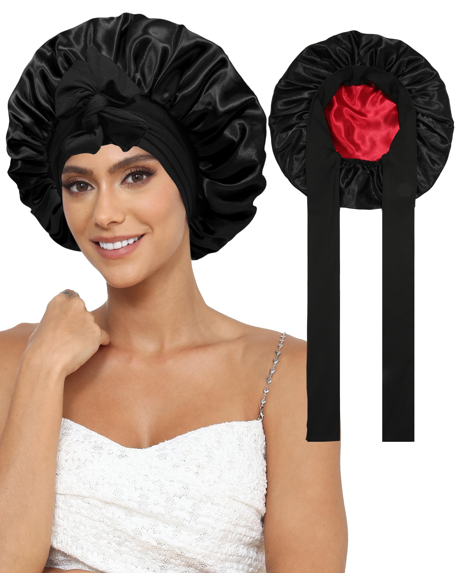 Satin Bonnet for Women with Elastic Tie Band - Silk Bonnets for Sleeping Double Layer Sleep Cap for Curly Hair