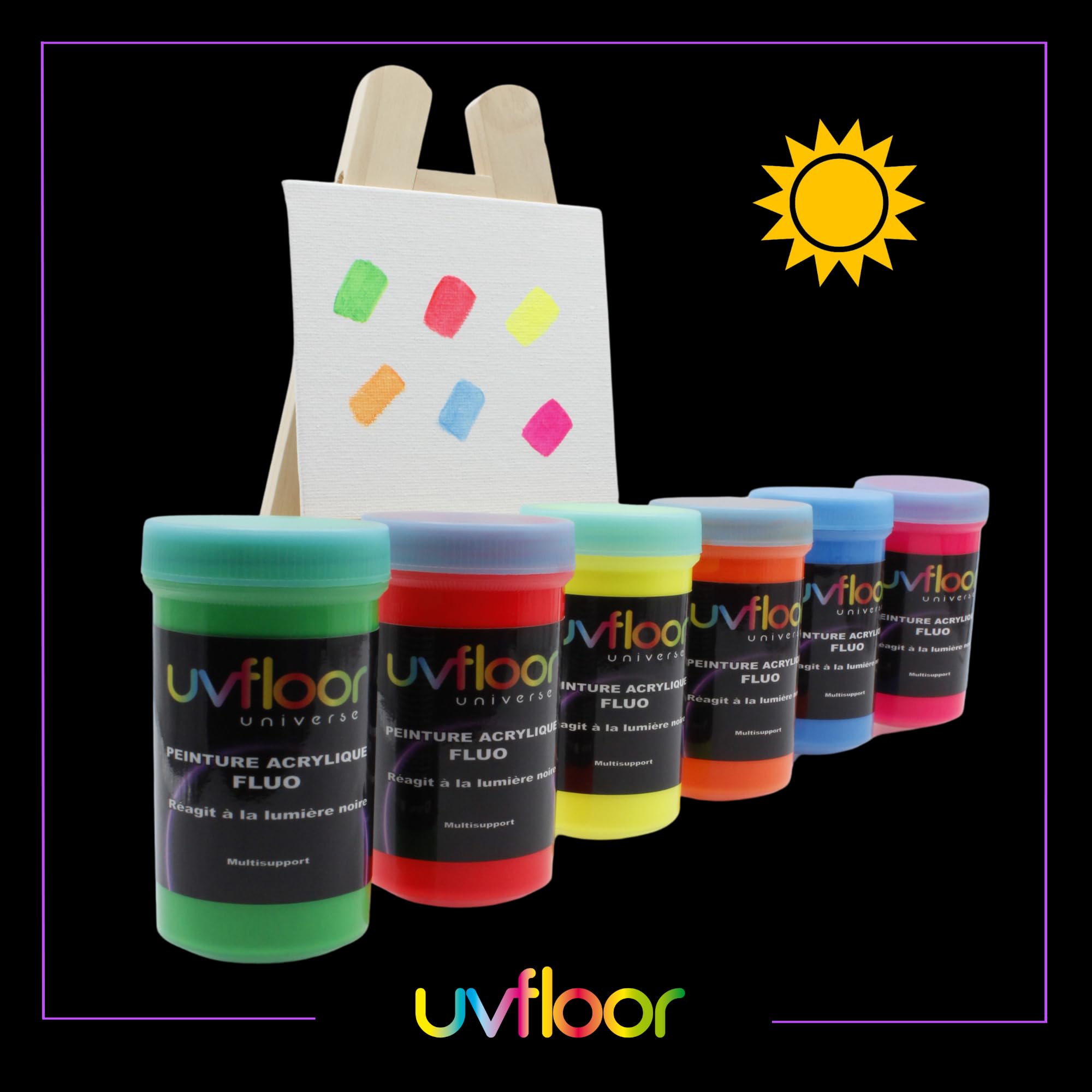UV FLOOR - Zestaw startowy Fluo Farba akrylowa - Specjalne czarne i ultrafioletowe światło - Błyskotliwe - Fluid I Ultra Pigmentowane - Fluorescencyjne - 6 x 100ml