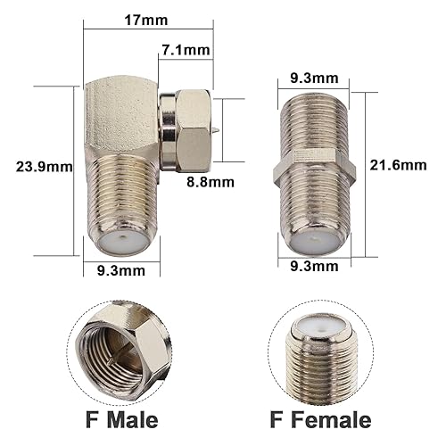 Miniatura 5 de Conector coaxial de ángulo recto F macho enchufe a hembra 2 unids y RG6 F tipo hembra a hembra adaptador de antena de TV 2 unids