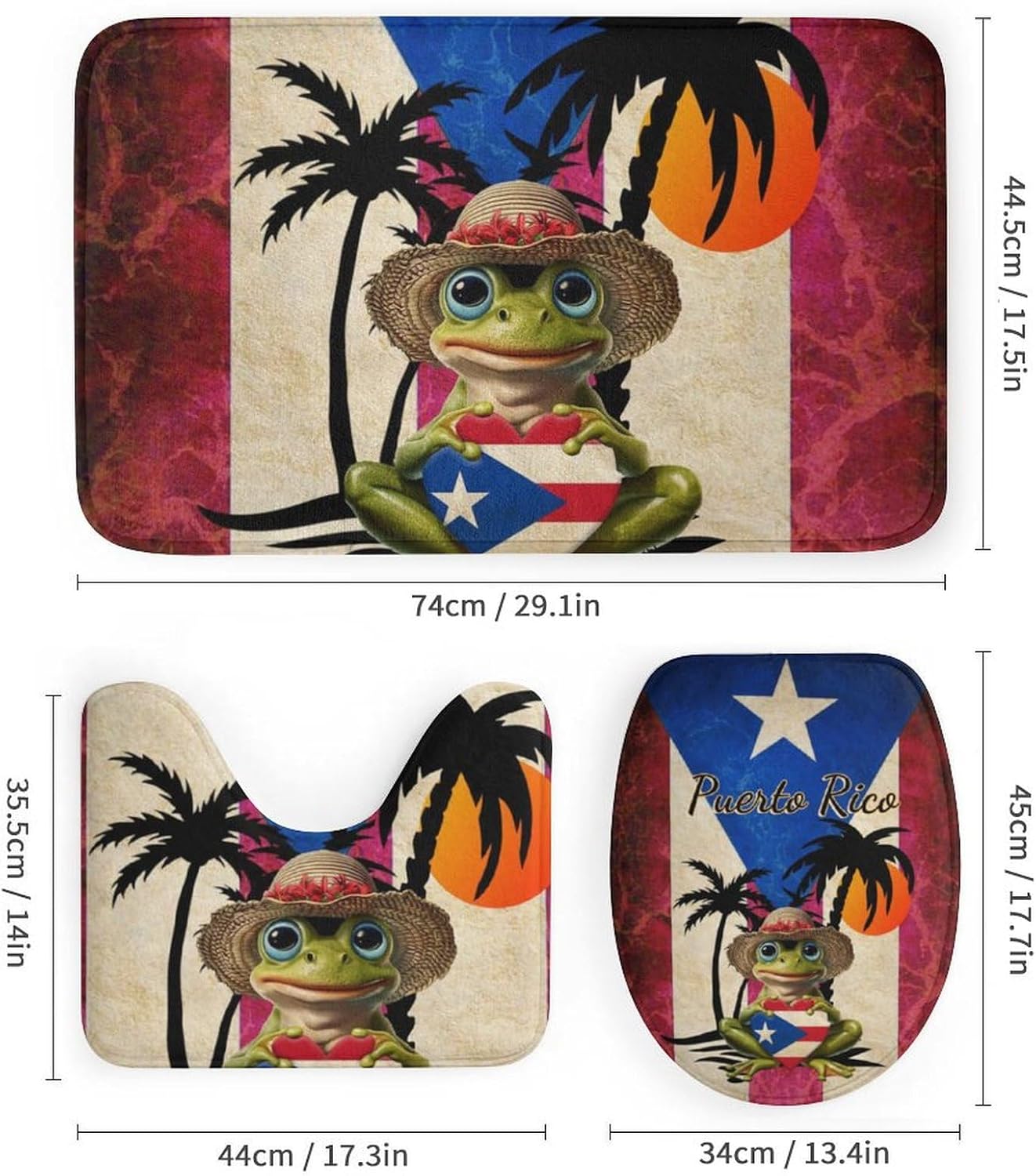 Vintage Puerto Rico Flag Frog 4Pcs Bathroom Shower Curtain Set,Bathroom Sets with Rugs (Bath Mat,U Shape and Toilet Lid Cover Mat)