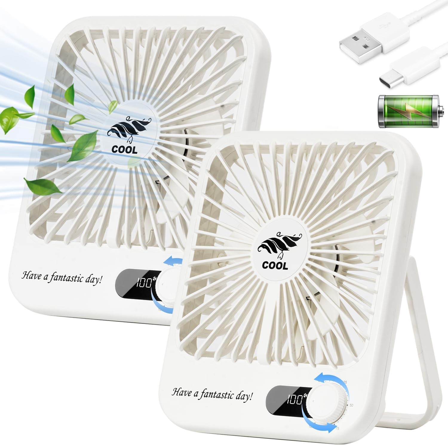 (2 Pack) Portable Desk Fan Quiet, 4000mAh Battery Powered Fan for Travel, 10 Hours Runtime, 180° Foldable Personal Travel Fan for Home Office Bedroom Outdoor Camping, Cruise Essentials - White