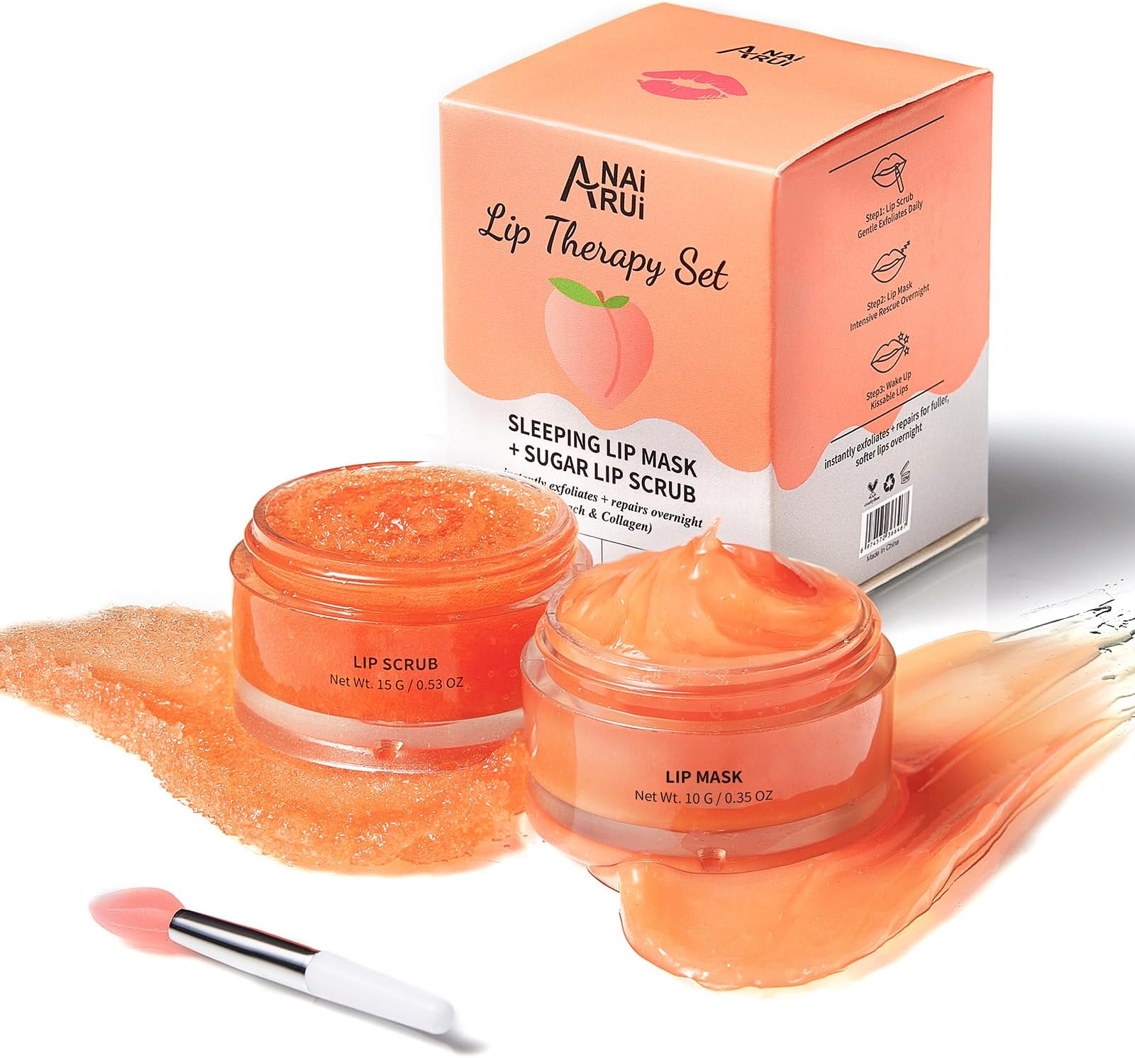 ANAI RUI Lip Scrub & Mask Set, Lip Scrubber Exfoliator, Lip Sugar Scrub, Lip Sleeping Mask, Moisturizering for Dry, Chapped, Dark Lips, Overnight Lip Mask, Peach