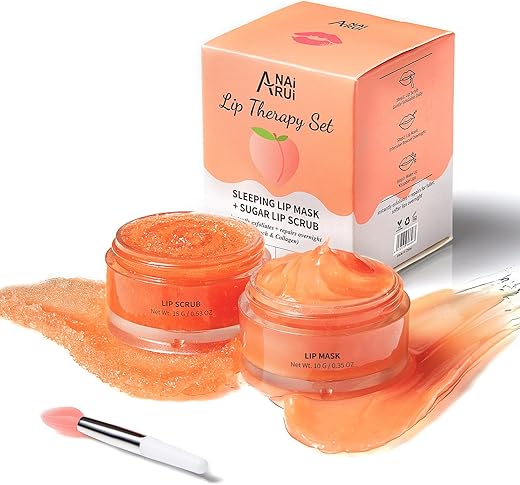 ANAI RUI Lip Mask & Lip Scrub Set, Lip Care Kit, Gift For Mother Girls, Overnight Lip Treatment with Lip Sleeping Mask & Sugar Lip Exfoliator Scrub, Lip Moisturizer for Dry, Chapped, Dark Lips, Peach