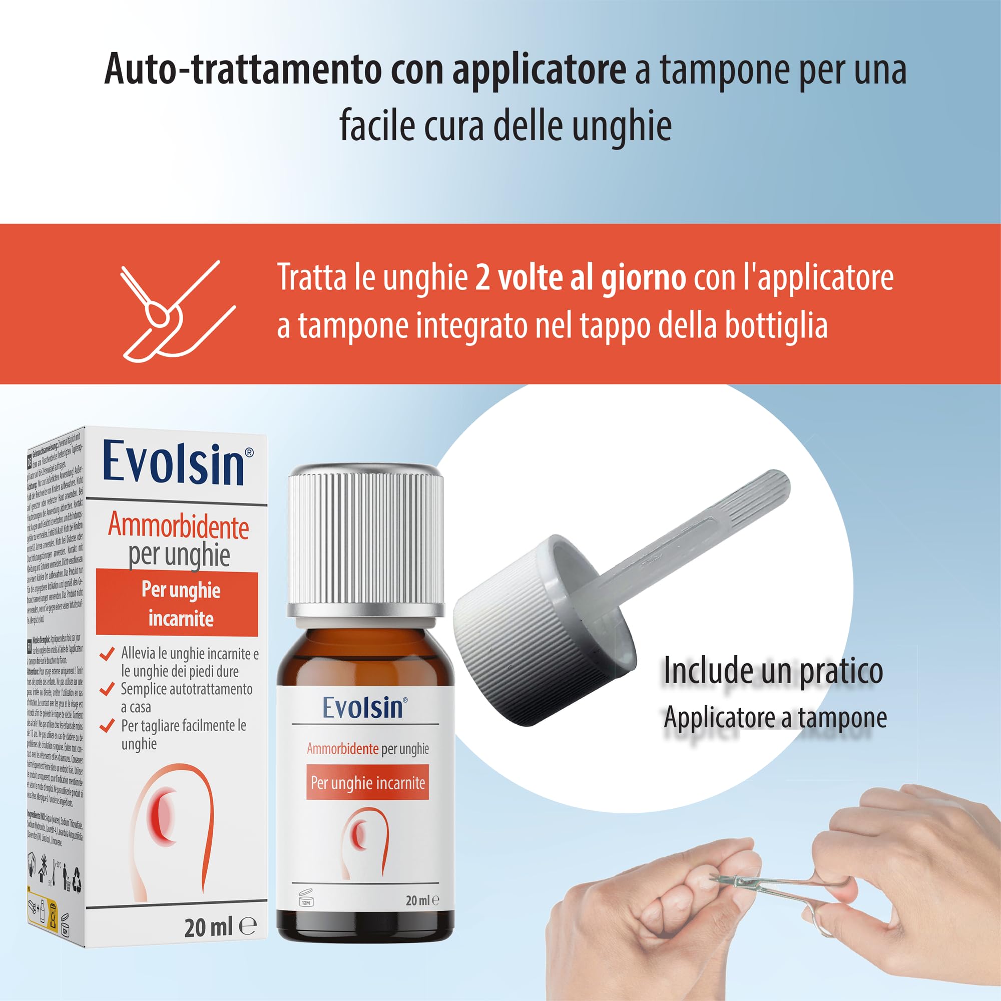 Evolsin Ammorbidente per unghie - Soluzione delicata ed efficace per unghie incarnite - Formula alcalina per unghie morbide ed elastiche - Facile da usare con applicatore di tampone - 20ml
