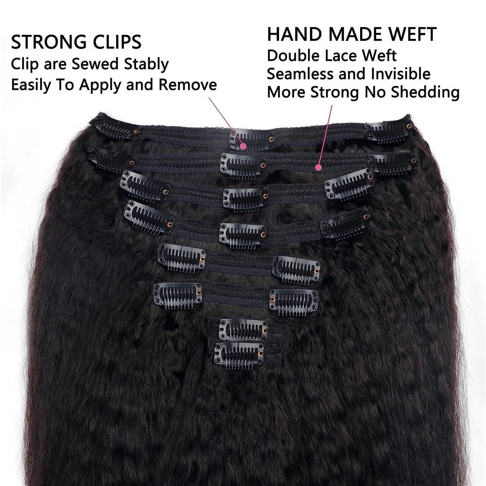 Przedłużki do włosów Kinky Straight Clip In, prawdziwe włosy, naturalna czerń, podwójne, dla kobiet, 240 g, 8 sztuk
