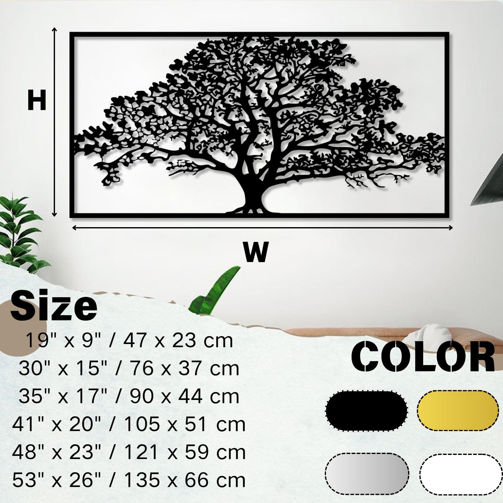 Metalowa dekoracja ścienna drzewo życia wiszące rzeźba z gałęziami idealna do salonu sypialni i biura kolor czarny rozmiar 121 x 59 cm (48 cali x 23 cali)