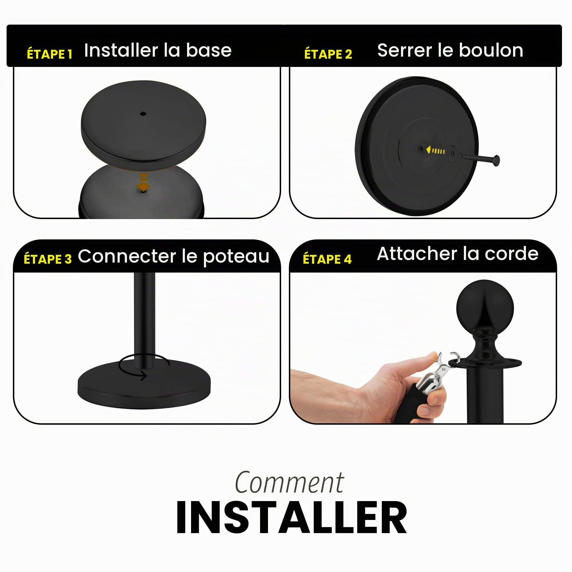 Poteaux de séparation en acier inoxydable noir, 2 pièces, hauteur 90 cm, argenté avec corde en velours noir de 1,5 m, connexion 4 voies, base de 31 cm de diamètre, contrôle de foules