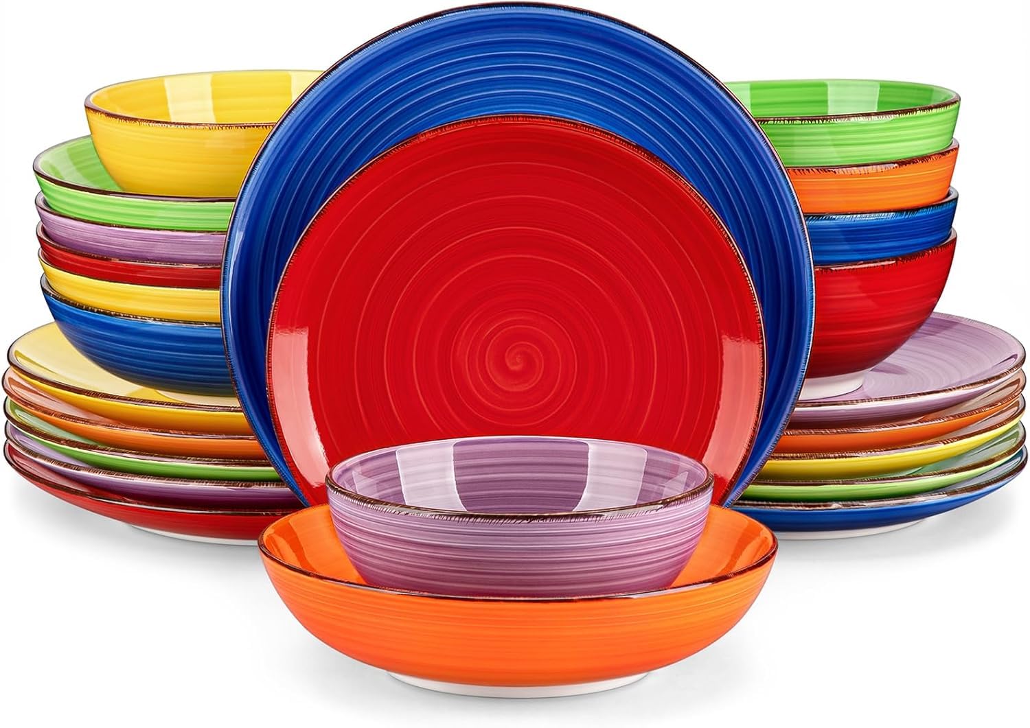 Bonita Dinnerware Sets, 24 Pieces Multicolor Stoneware Dinner Set | Handpainted Spirals Pattern Ceramic Plates and Bowls Sets, Kitchen Plate Set for 6 Dishes Sets-Microwave and Dishwasher Safe