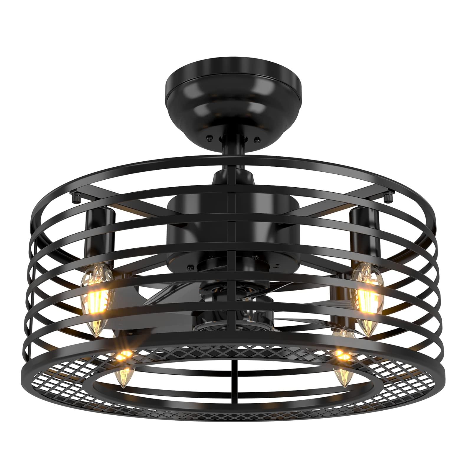 Black Industrial Ceiling Fan with Light Remote Low Profile Caged