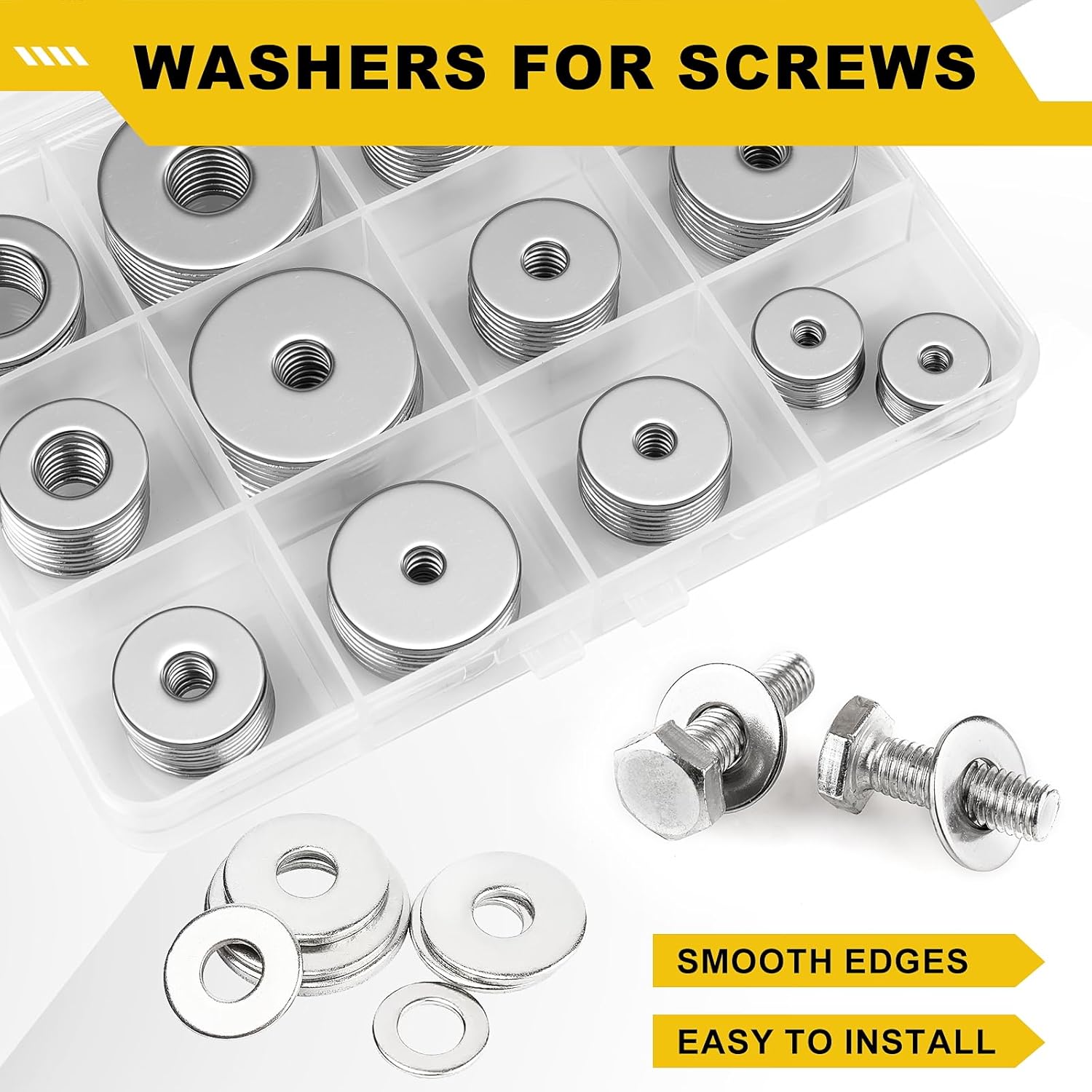 108Pcs 304 Stainless Steel Flat Washers, Fender Washers Assortment Kit 12 Sizes (M3-M12) Metal Washers for Screws Bolts Large and Small Hardware for Various Home Industrial Automotive