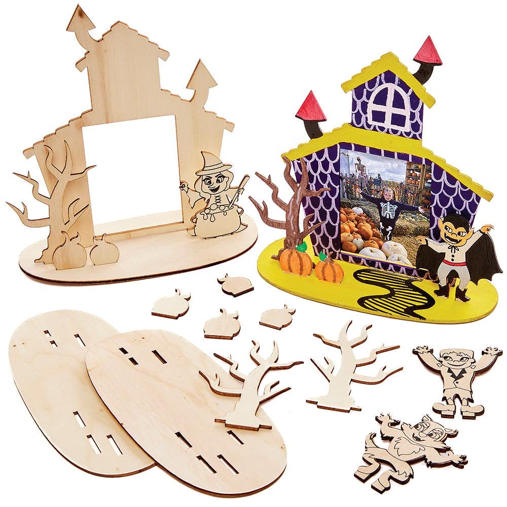 Baker Ross FX187 Haunted House Wooden Photo Frame Kits - Pack of 4, Kids Halloween Decoration Craft Kit, Wood Arts and Crafts