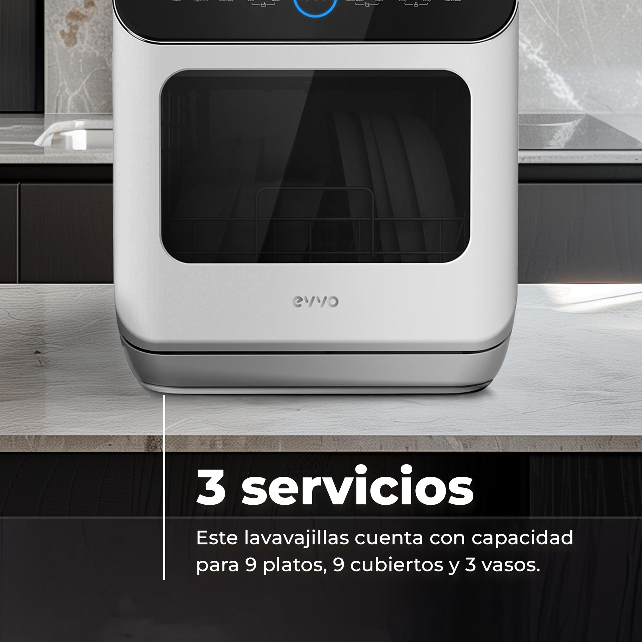 EVVO Lavastoviglie di piccole dimensioni compatte e senza installazione, da tavolo o da lavoro, 2 servizi, 6 pogrammi, asciugatura extra, programma ECO, programma auto-lavaggio, programmabile, mini D