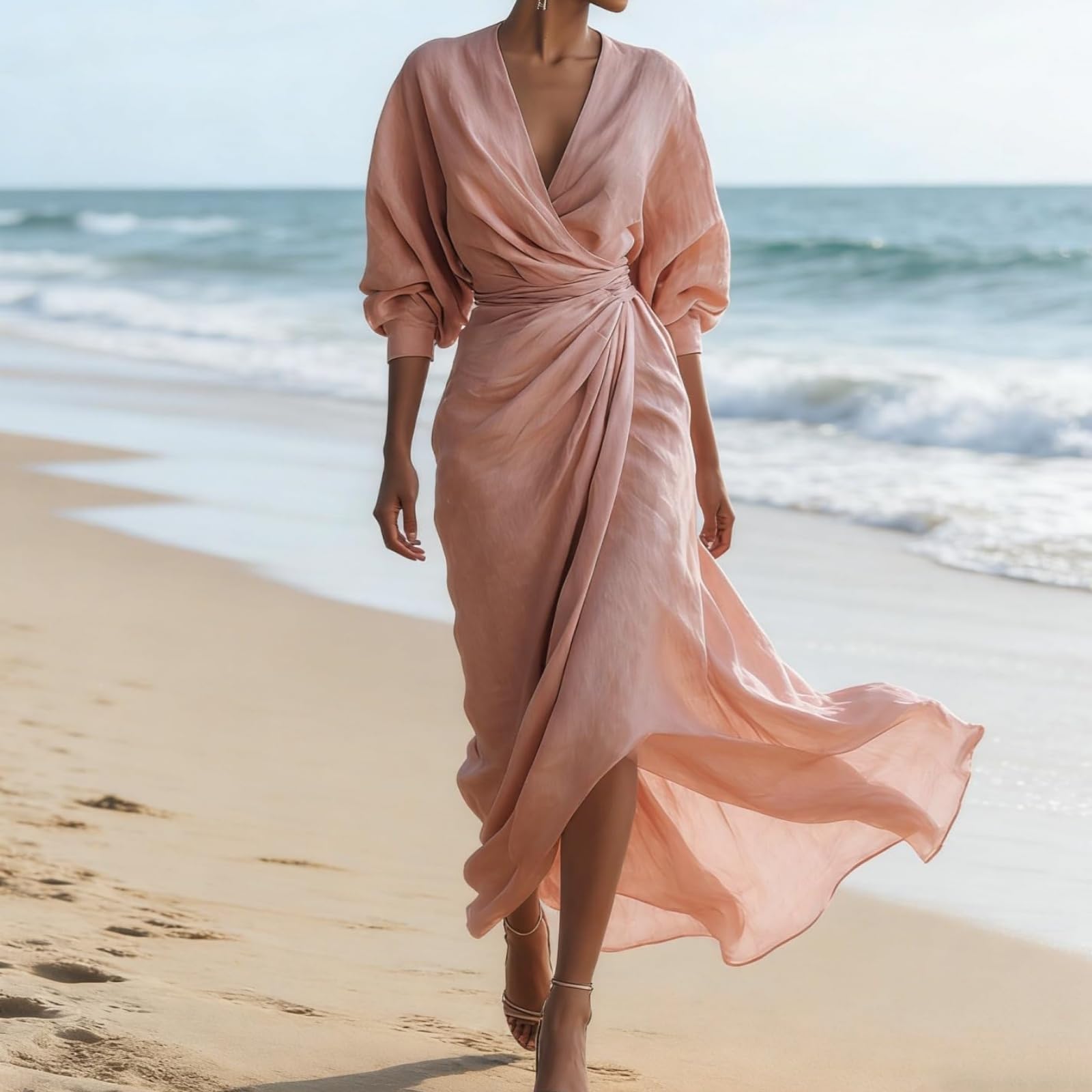 Maxi Abito Donna Primavera/Estate 2026 – Scollo a V, Maniche Lunghe, Vita Incrociata, Dettagli Arricciati, Spacco sull'Orlo – Stile retrò, Elegante e Formale