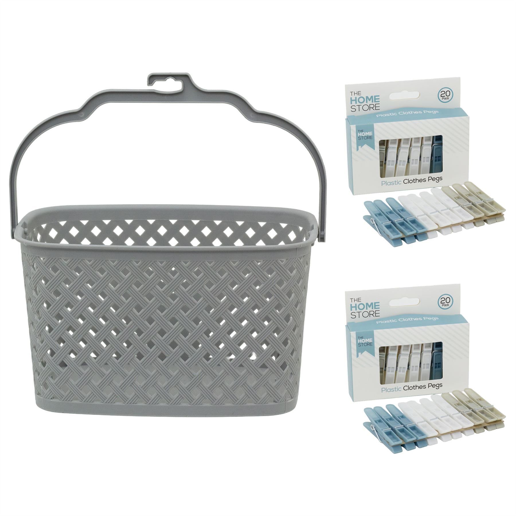 Laundry Peg Set, 40 Plastic Clothes Pegs and Hanging Peg Basket, Washing Line Peg Holder and Clothespins - Colour Varies