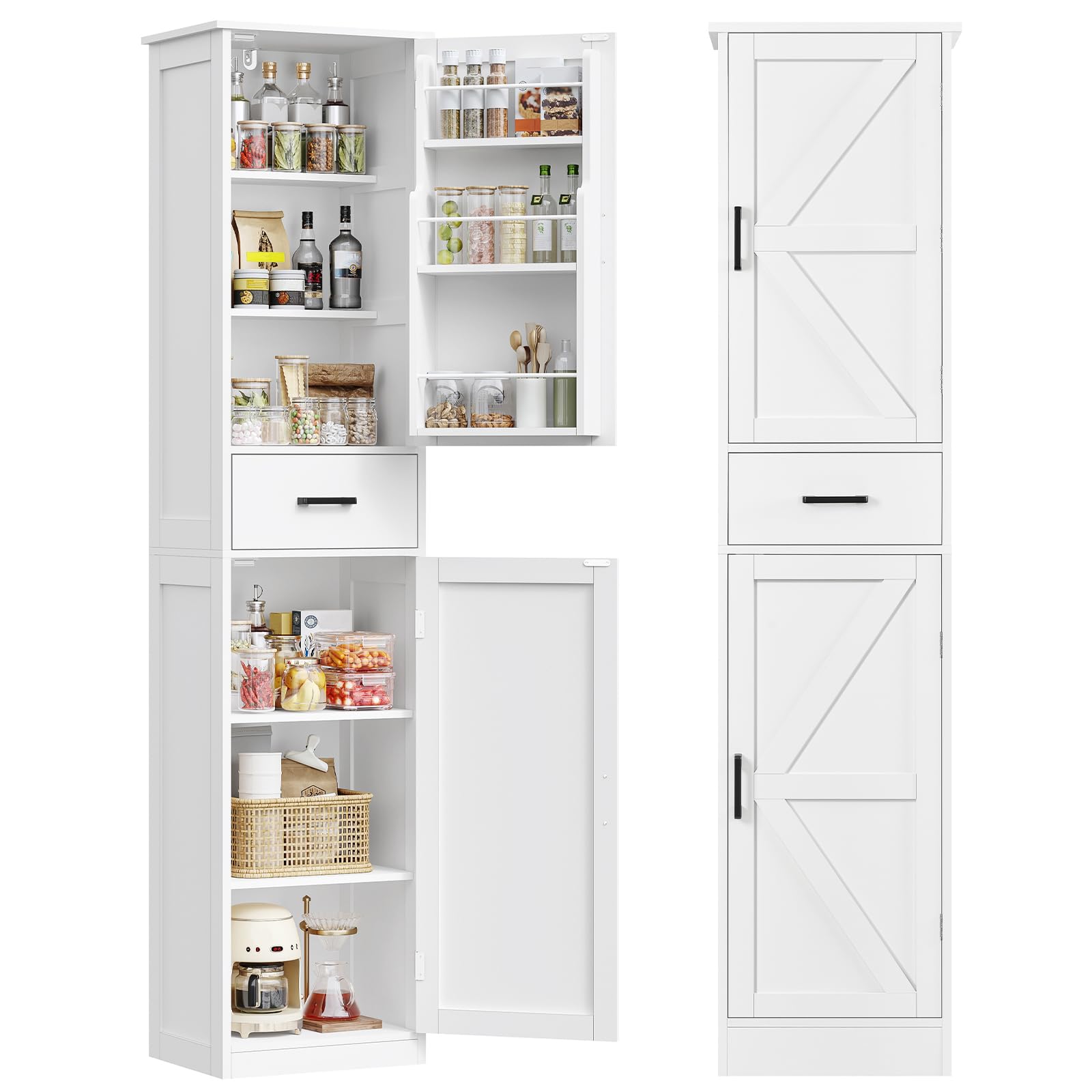 TEENFON Colonne de Cuisine 40 cm, Armoire Haute Étroite Rangement, Meuble Colonne avec 1 Tiroir et Étagères Réglables, Buffet Haut pour Cuisine, Salle à Manger, Blanc 40x30x170 cm