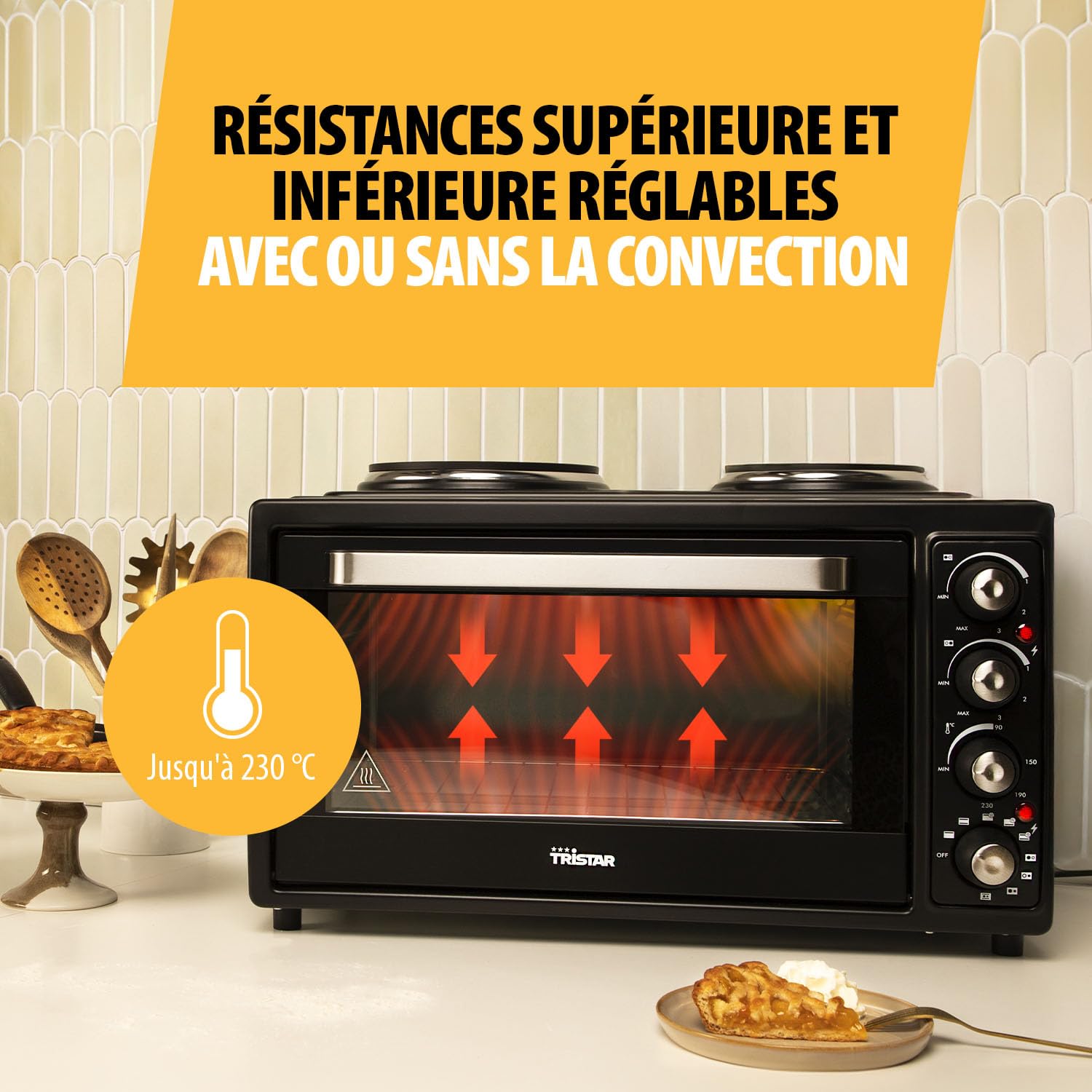 Tristar Four à convection avec 2 plaques chauffantes, Capacité : 38 L, 3100 W, Plaque de cuisson et gril, 90-230 ⁰C, adapté pour le camping, OV-1442, Noir